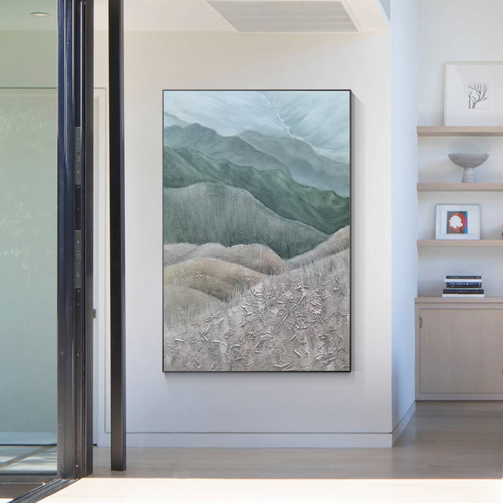 Gray-green mountains landscape painting with textured details, featuring a minimalist design. Extra large vertical wall art for serene home decor.