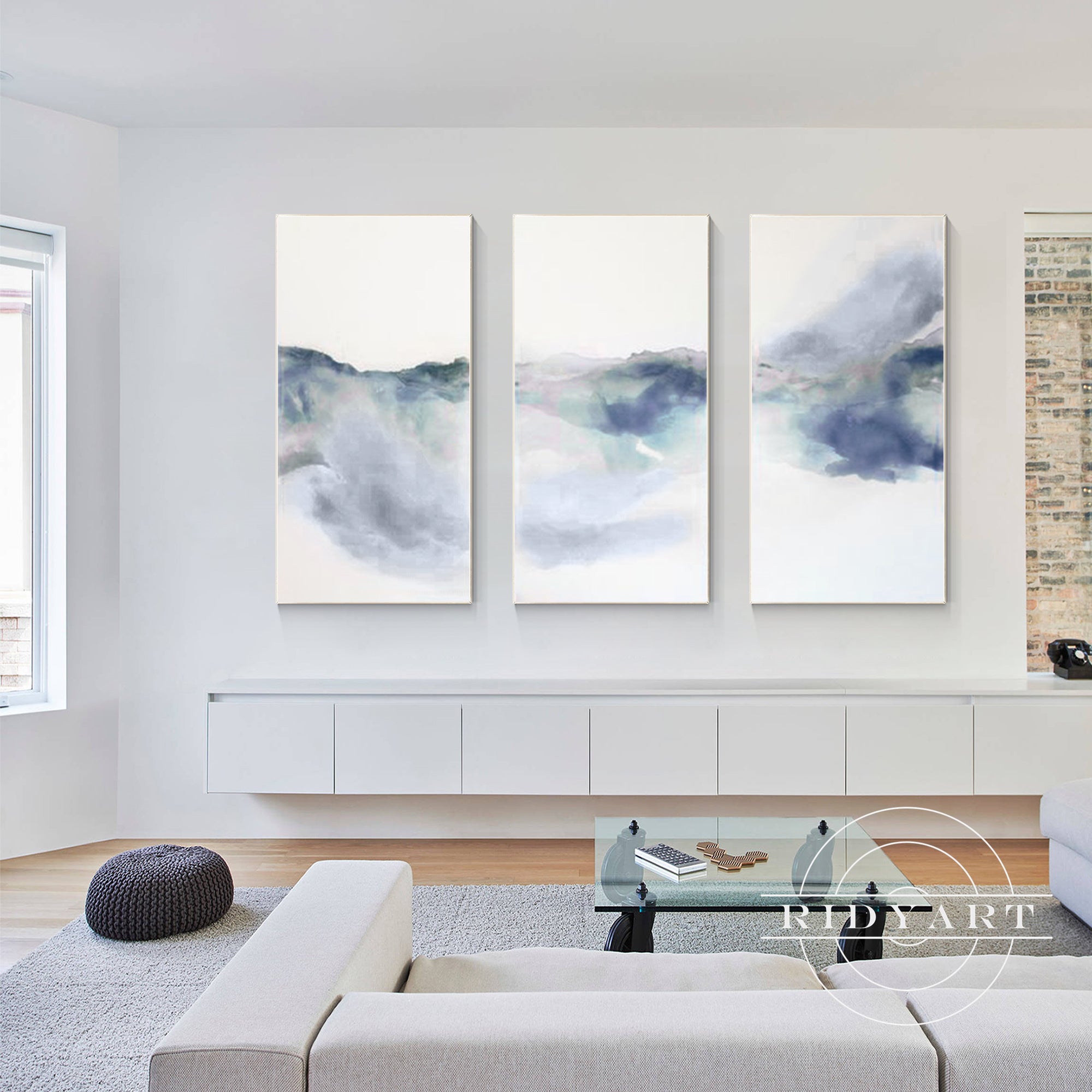 Set of 3 gray blue watercolor abstract paintings on canvas.