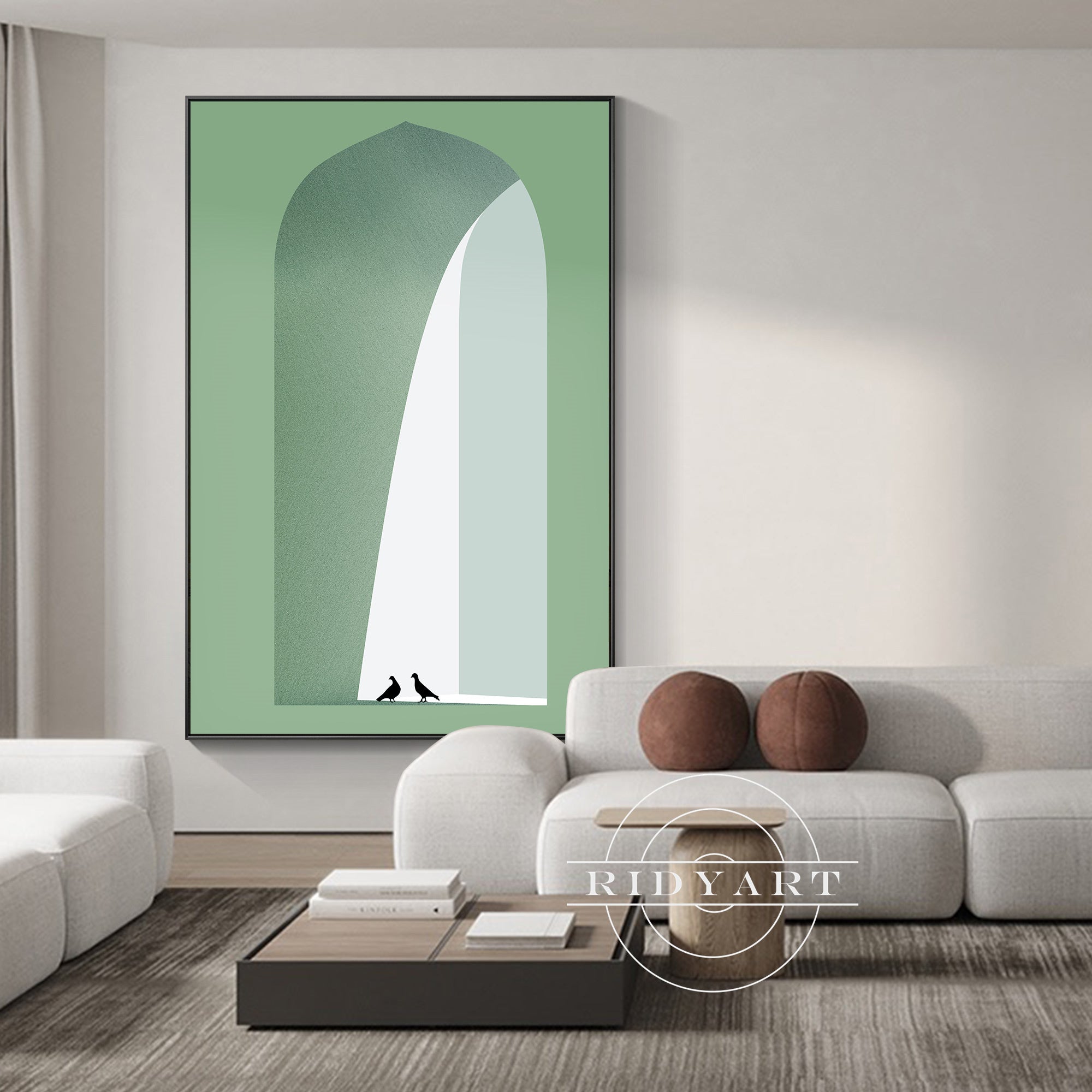 Abstract green arch wall art with subtle pigeon details for modern spaces.