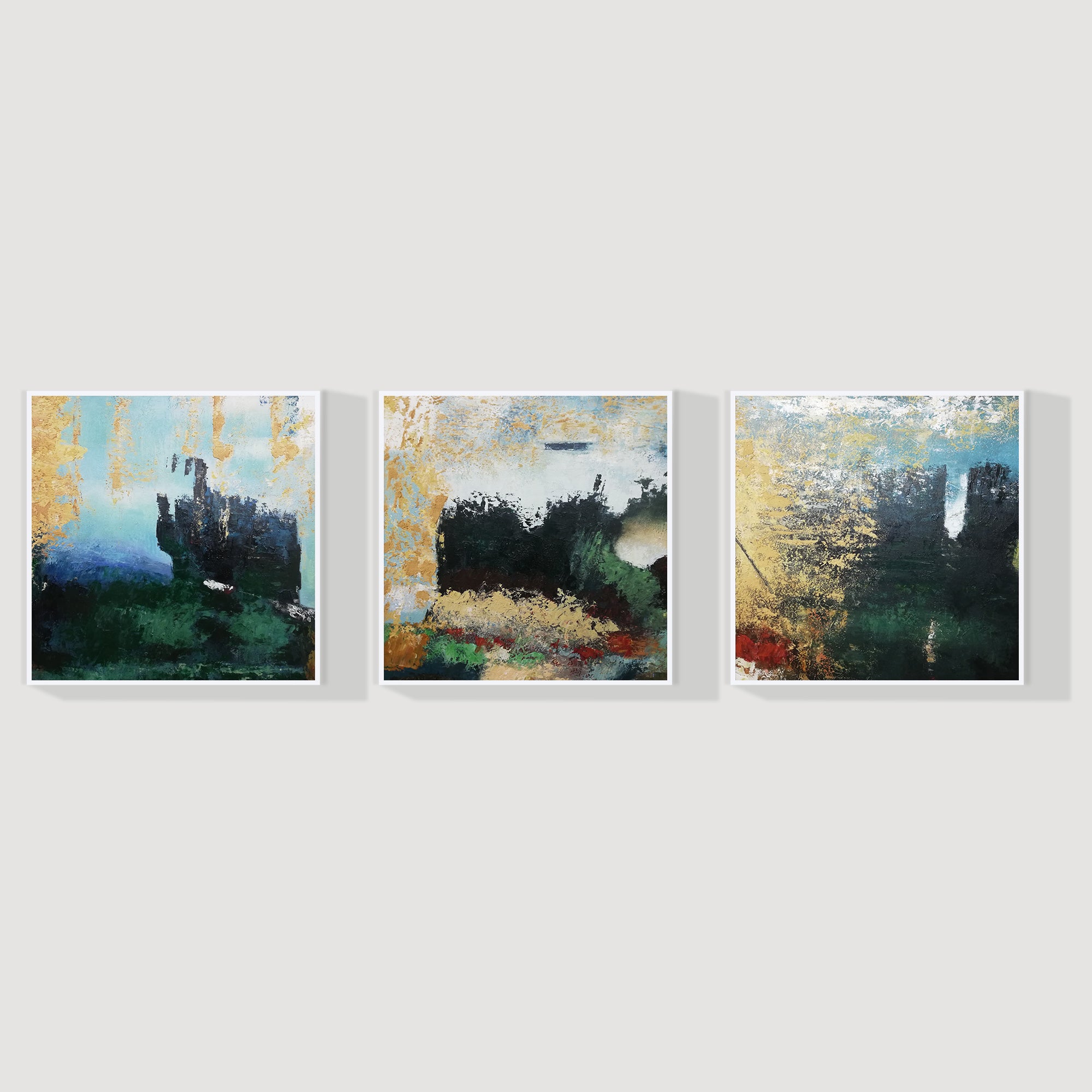 Set of 3 green and gold abstract textured canvas wall art