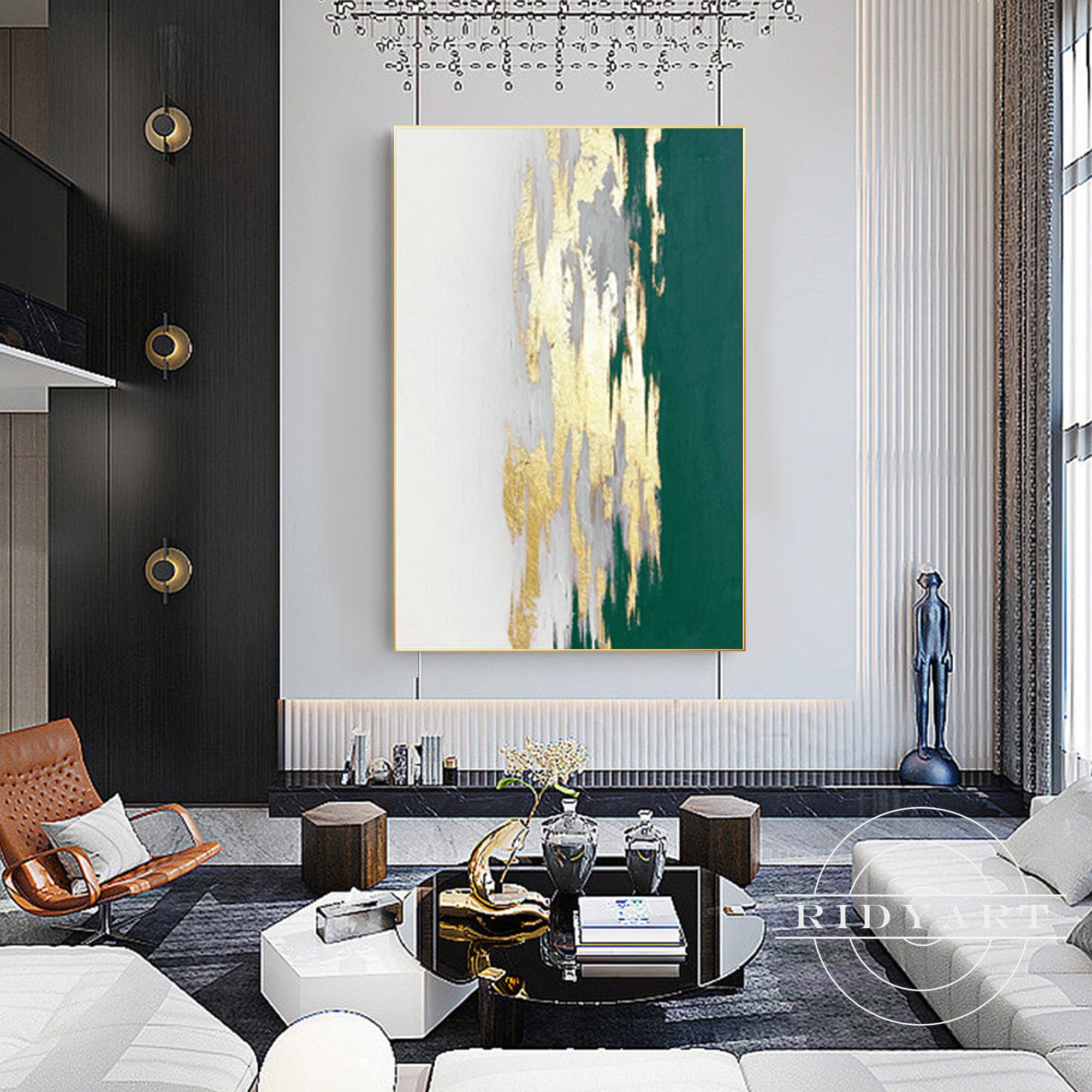 Green gold abstract wall art canvas