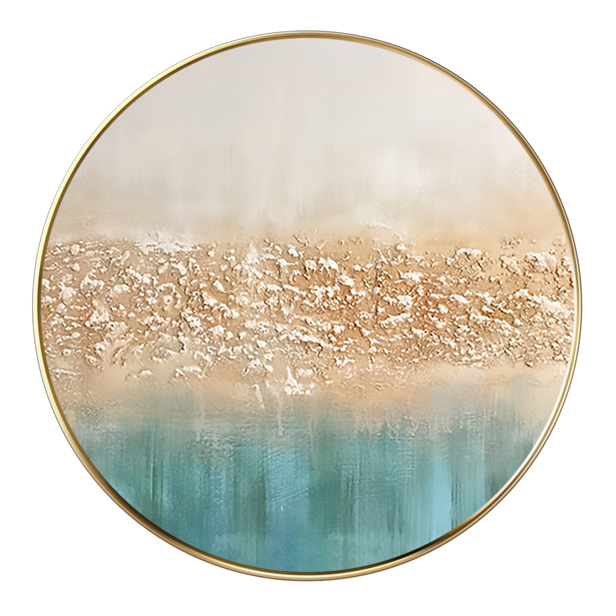 Framed circular landscape painting in modern minimalist style
