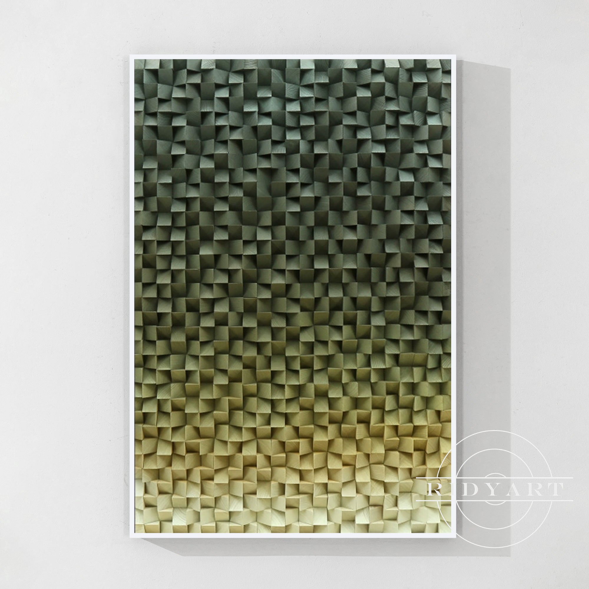 Green ombre wood wall art with geometric mosaic design
