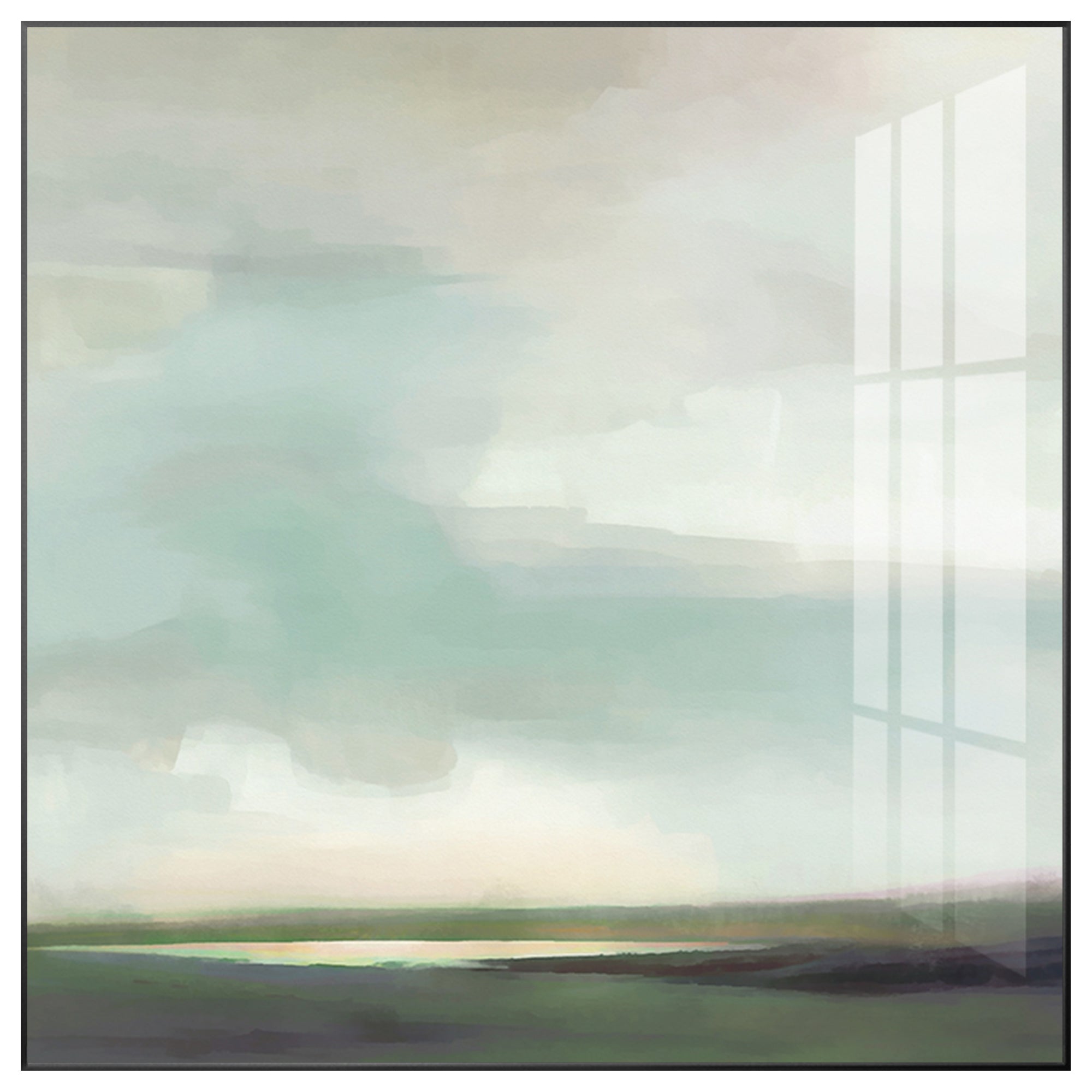 Minimalist green meadow and blue sky landscape painting