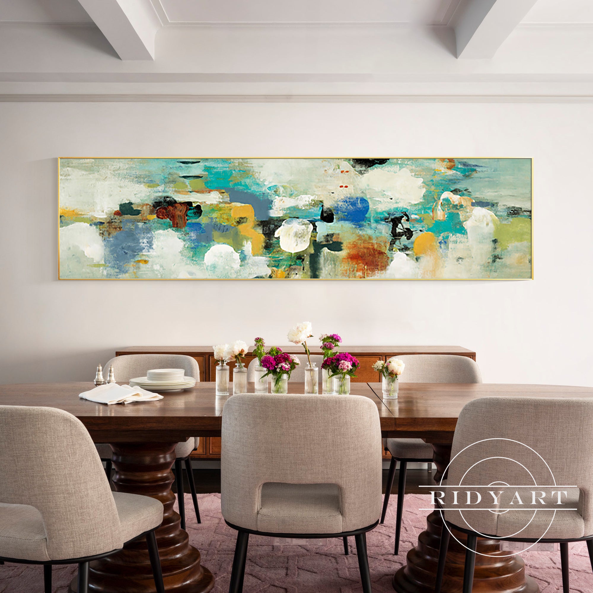 Long horizontal teal painting for bedroom