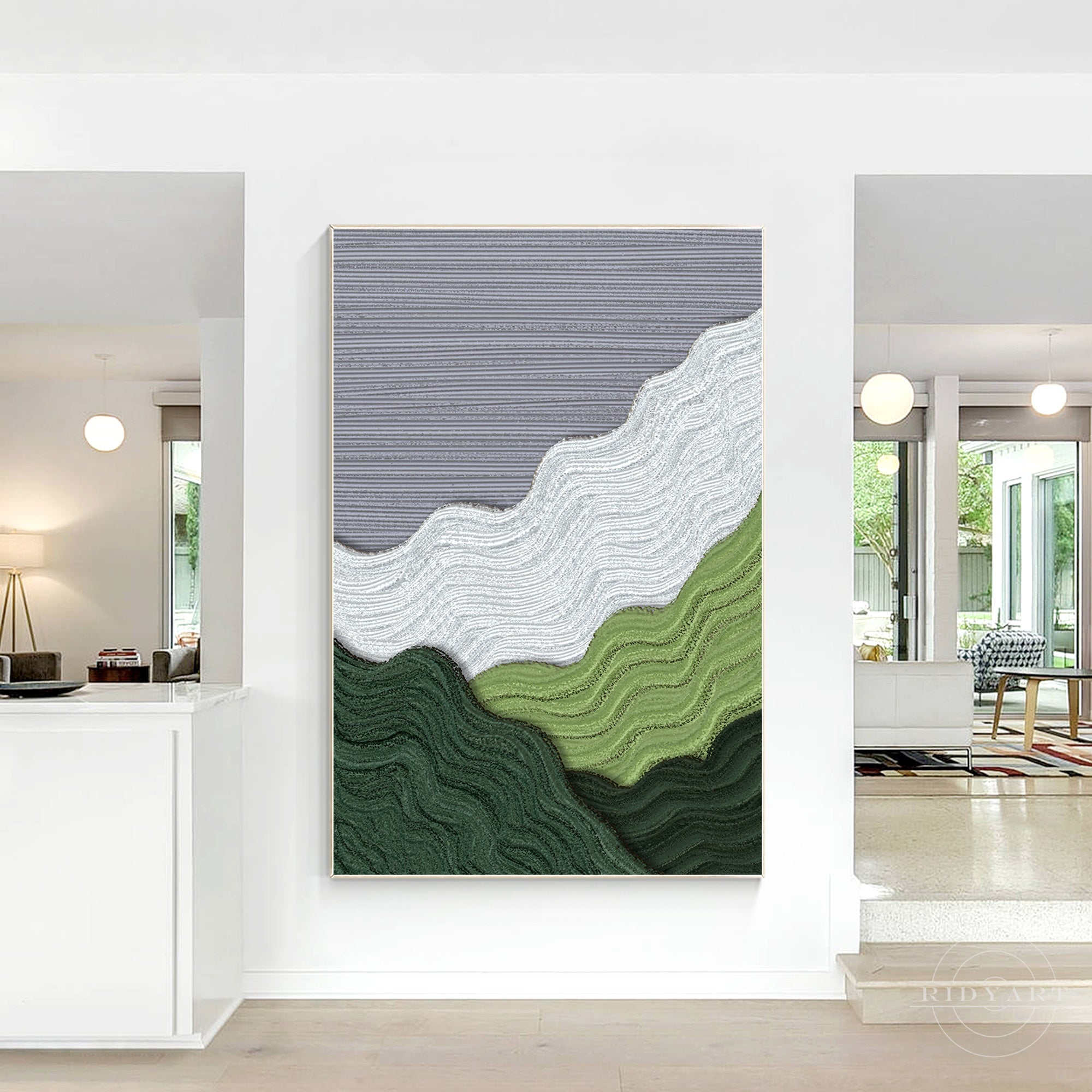 Textured mountain wall art, abstract green and gray painting.
