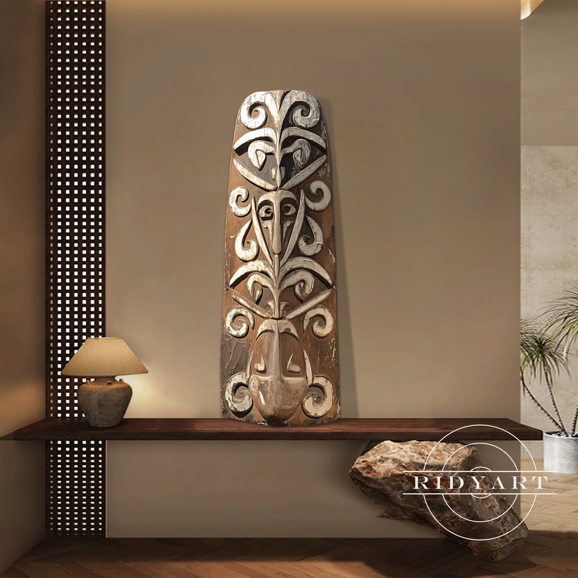Hand-carved tribal wood sculpture decor