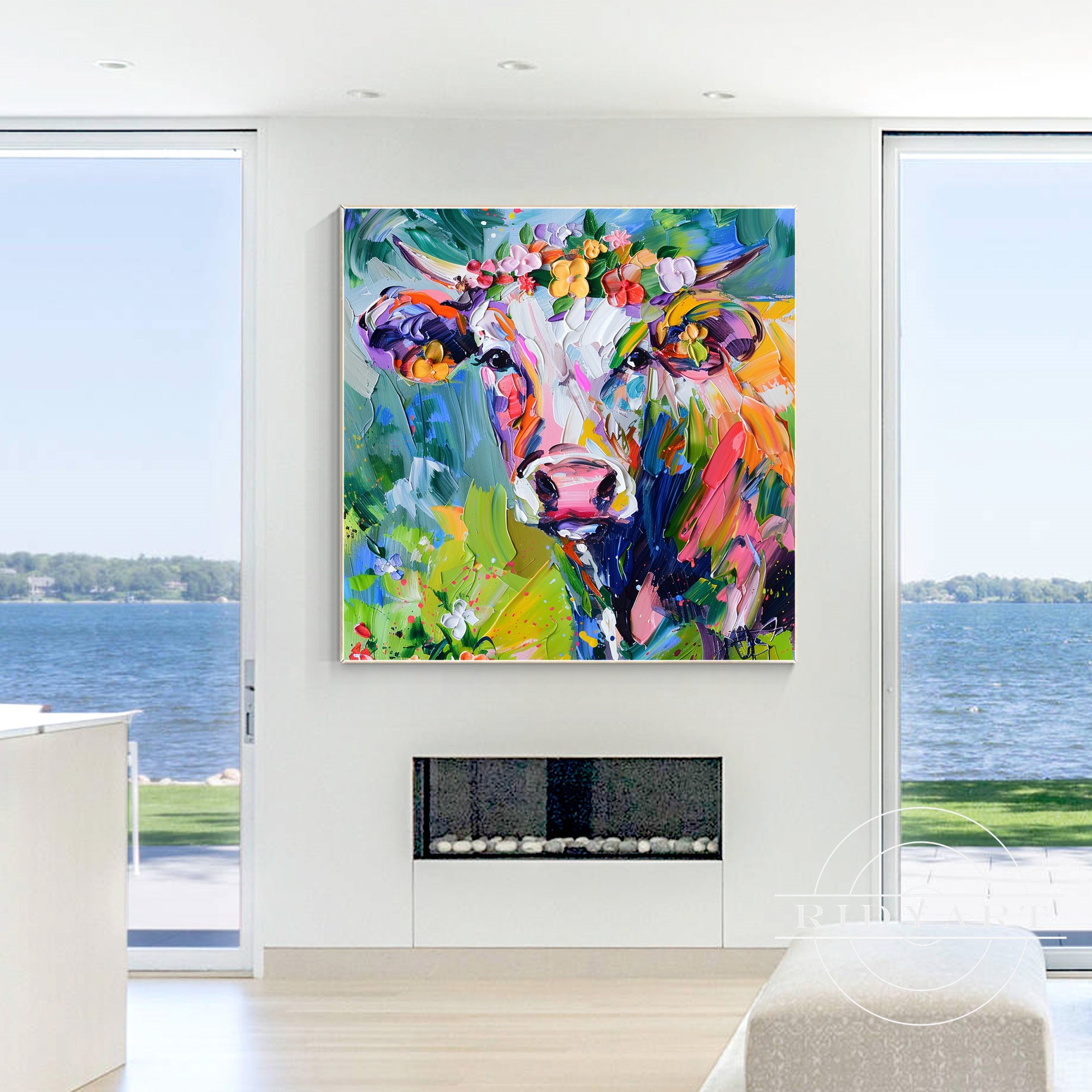 Hand-painted 3D textured cow artwork for farmhouse decor