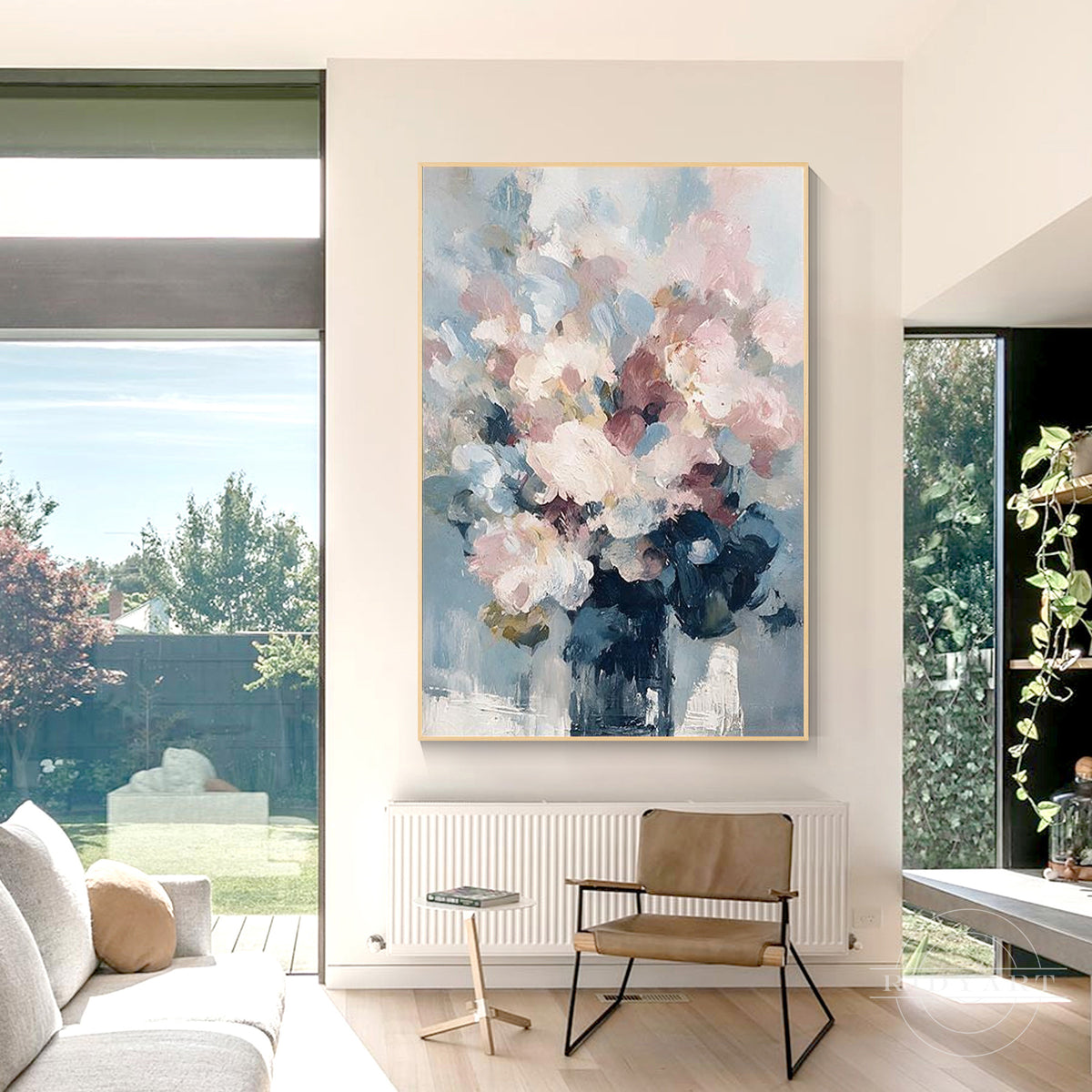 Hand-painted abstract flower wall art in pastel pink and navy blue for modern home decor.