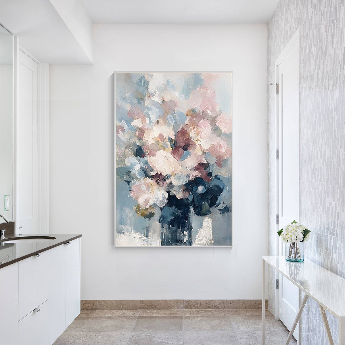 Custom size textured impasto flower painting with rich navy blue, dusty pink, and sky blue tones.