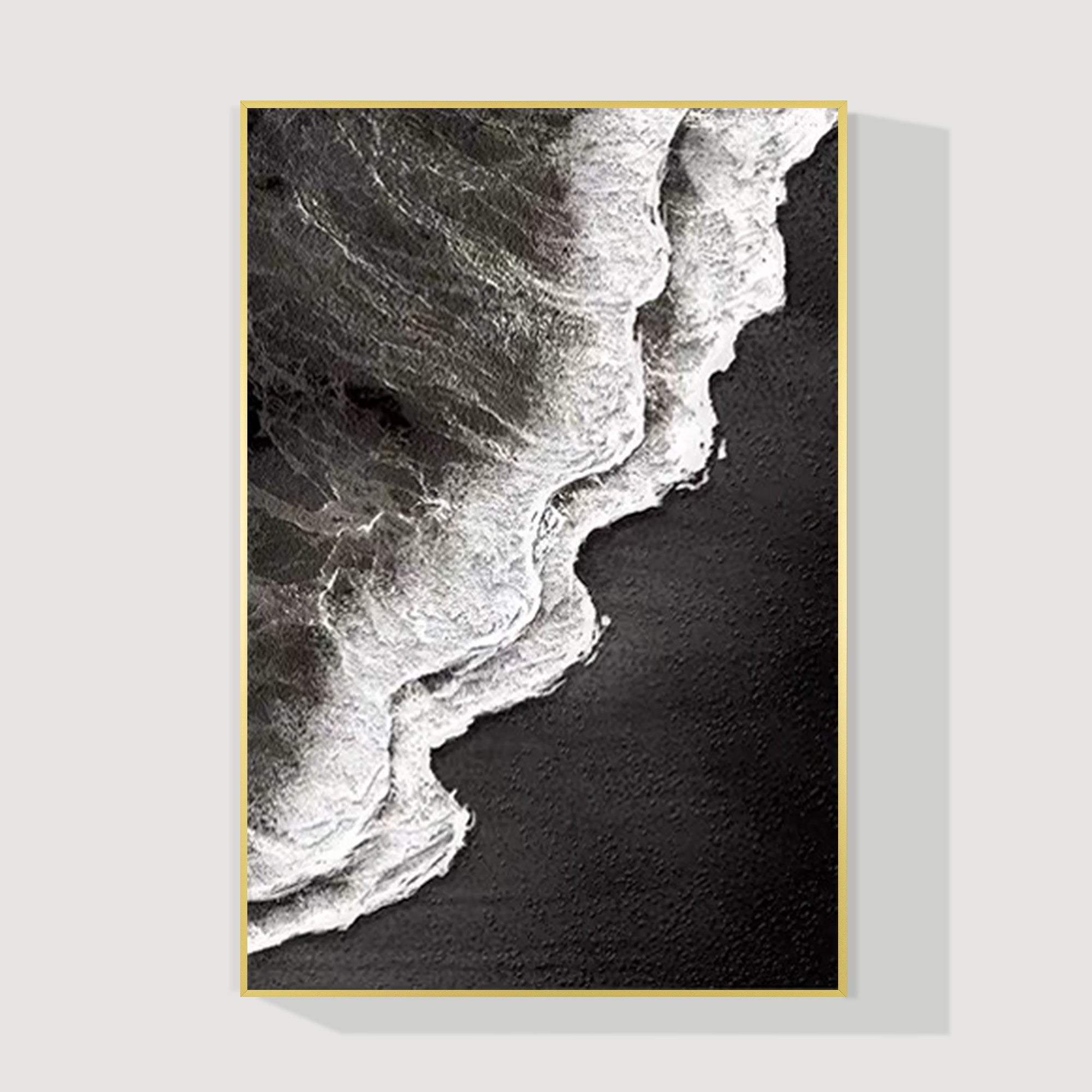 Hand-painted black and white ocean wave painting with 3D texture