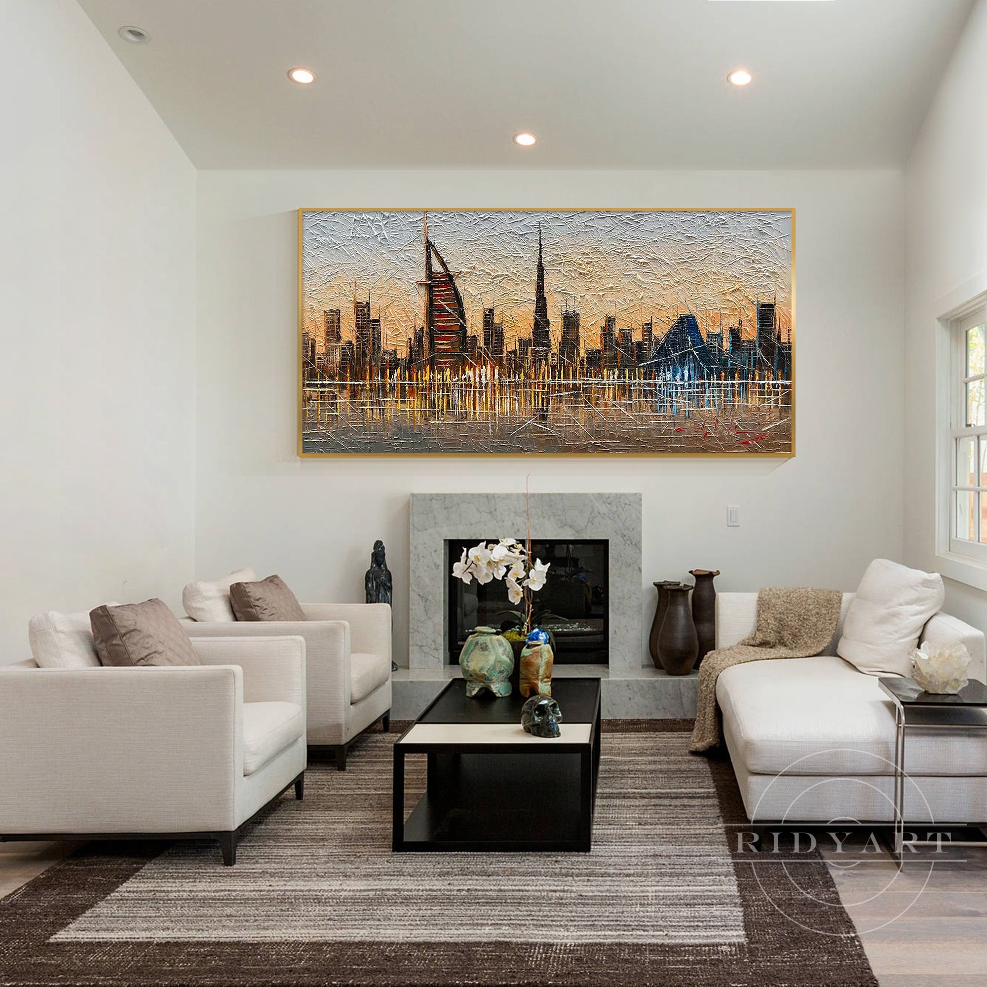 Contemporary textured Dubai skyline painting for home decor.