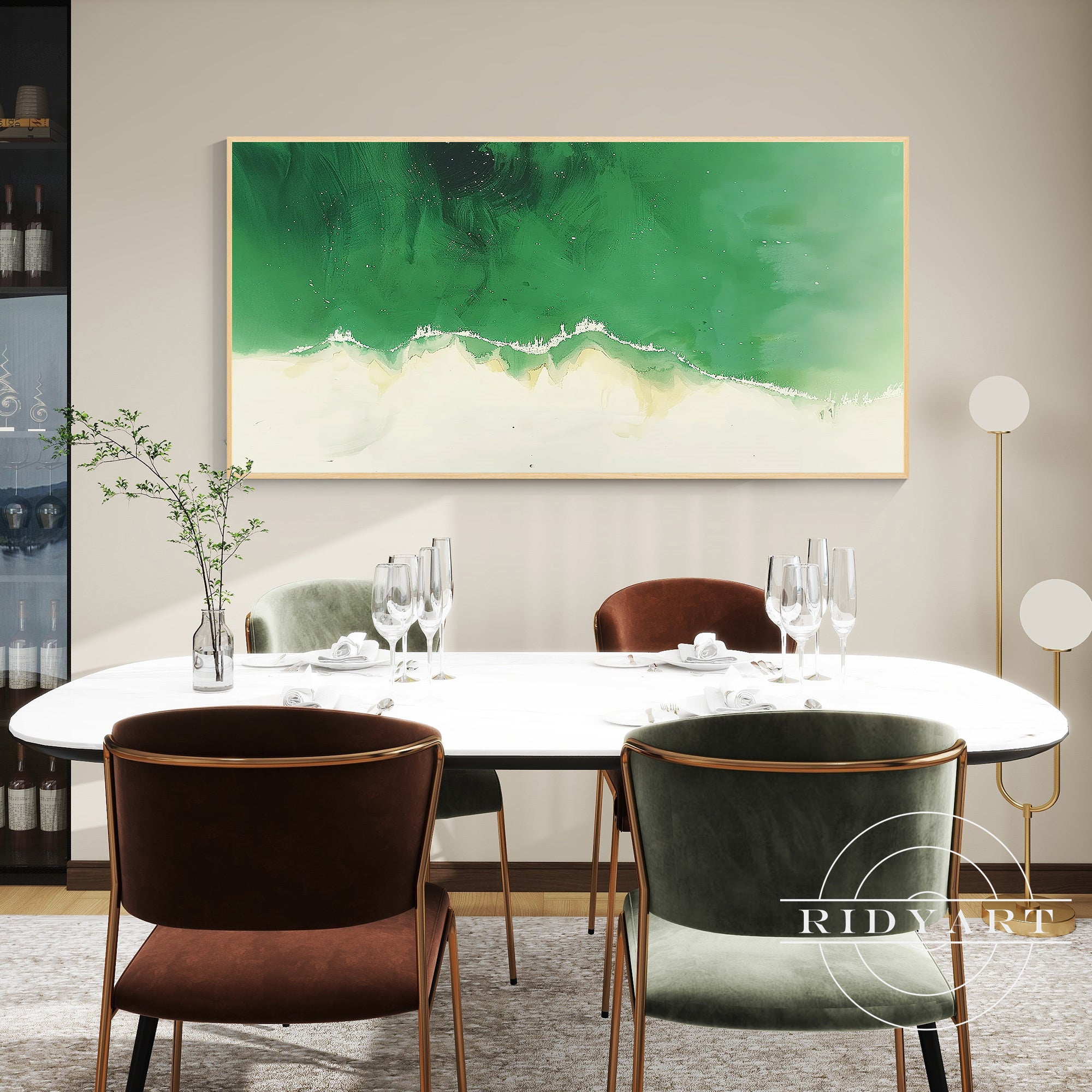 Modern abstract green and beige wave artwork for living room