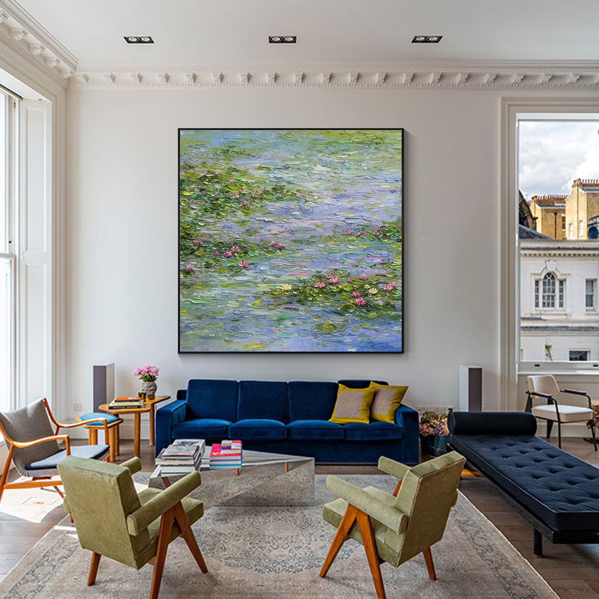 Hand-painted Monet style garden scene canvas artwork