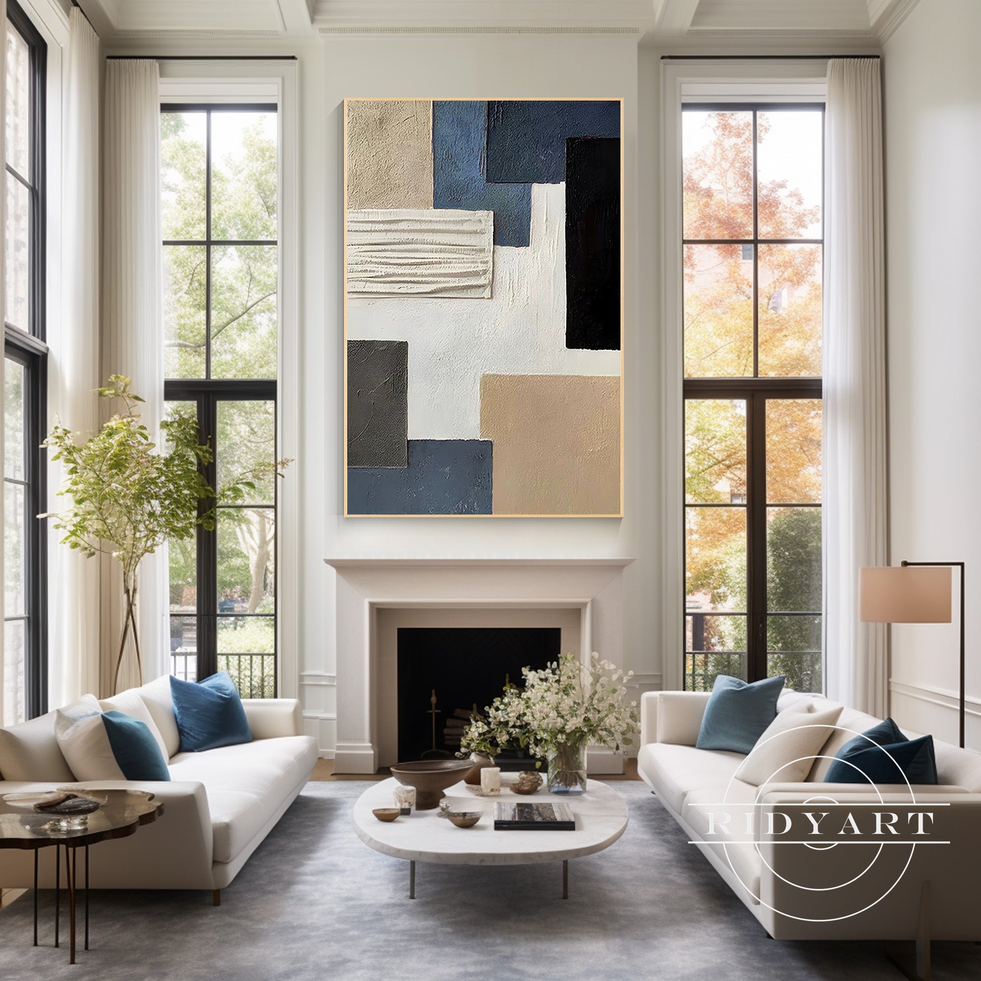 
Neutral beige and gray painting with blue accents