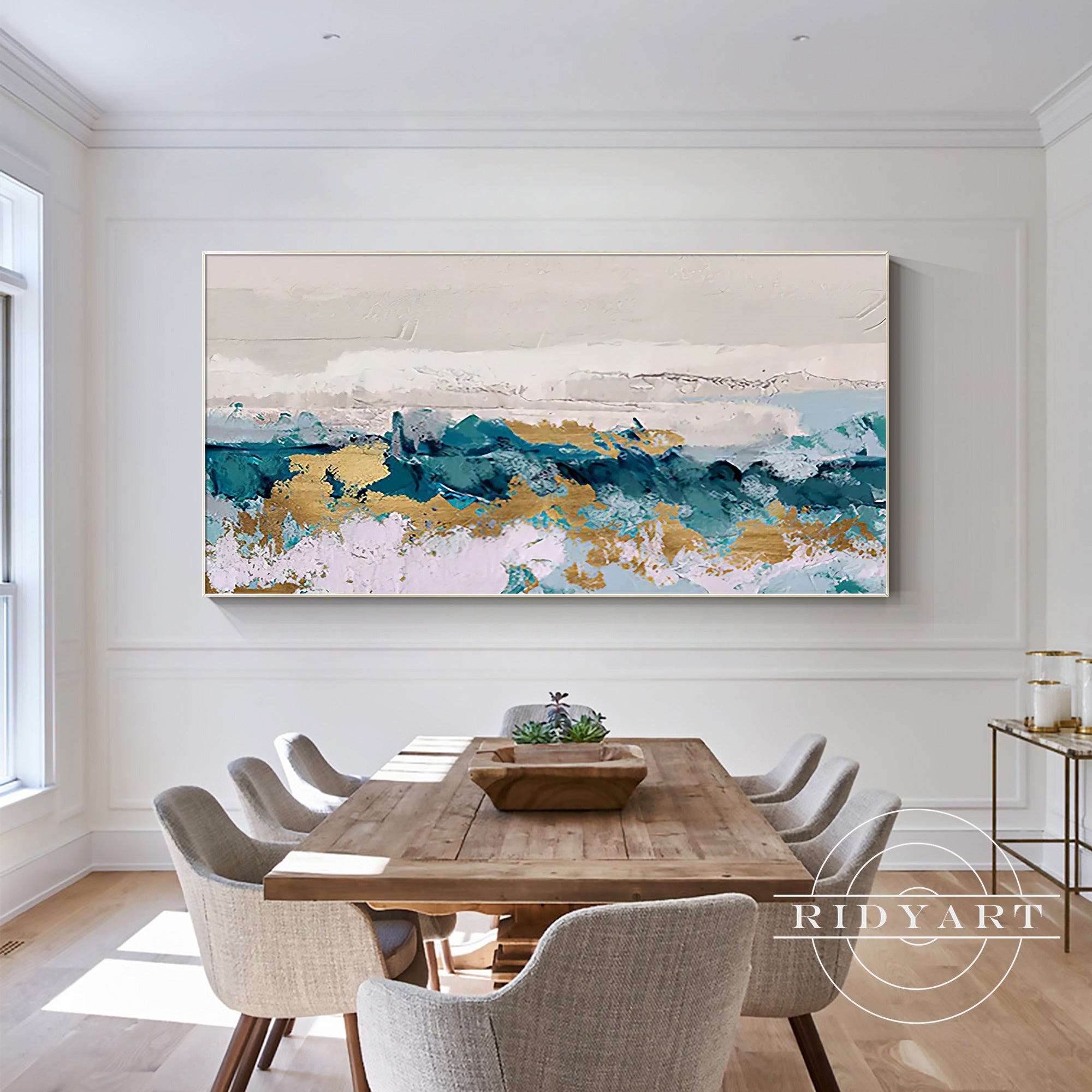 Hand-painted turquoise and gold artwork, ideal for living room wall art