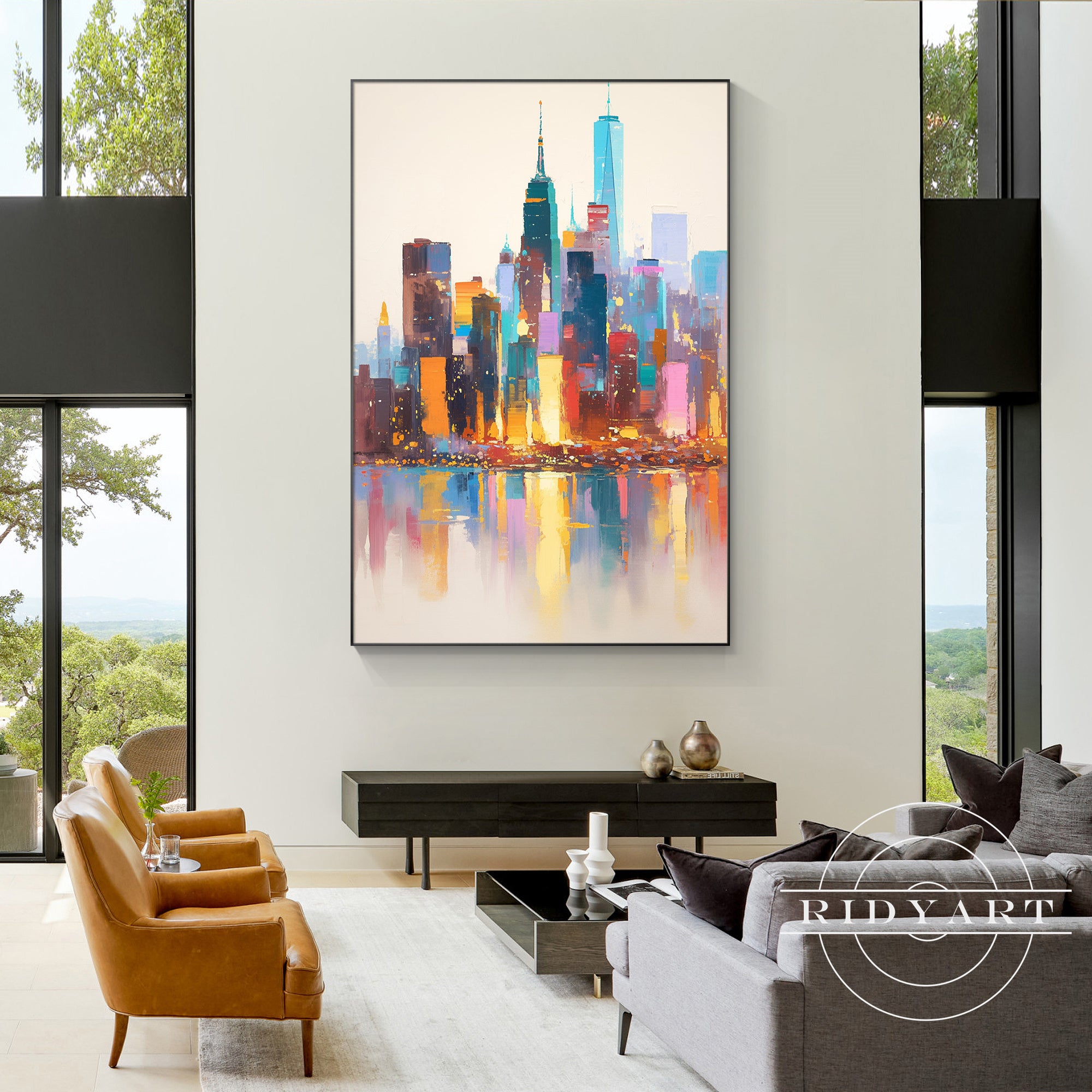 Urban abstract skyline painting with reflections, extra-large canvas.