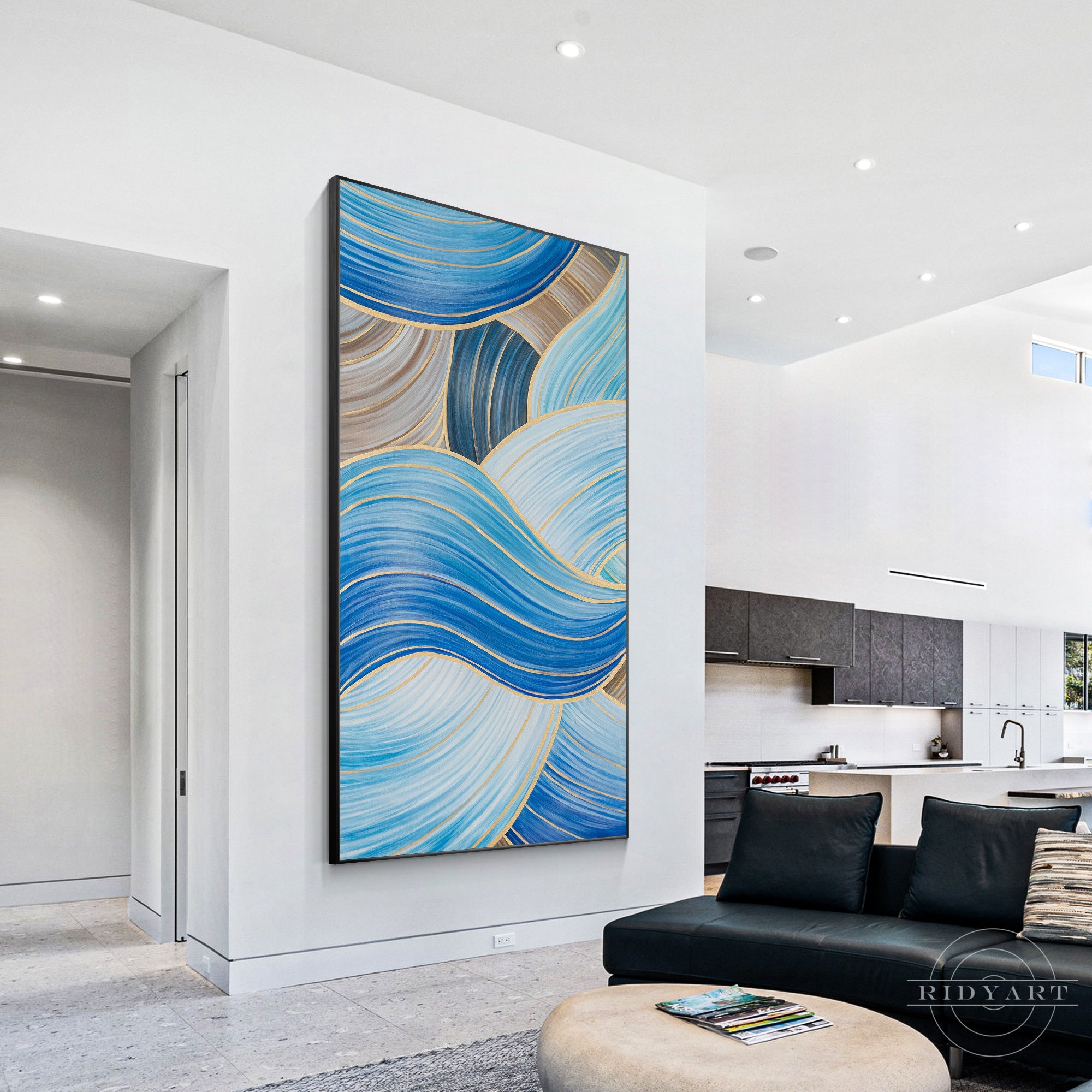 Blue and gold abstract ribbon painting on canvas.
