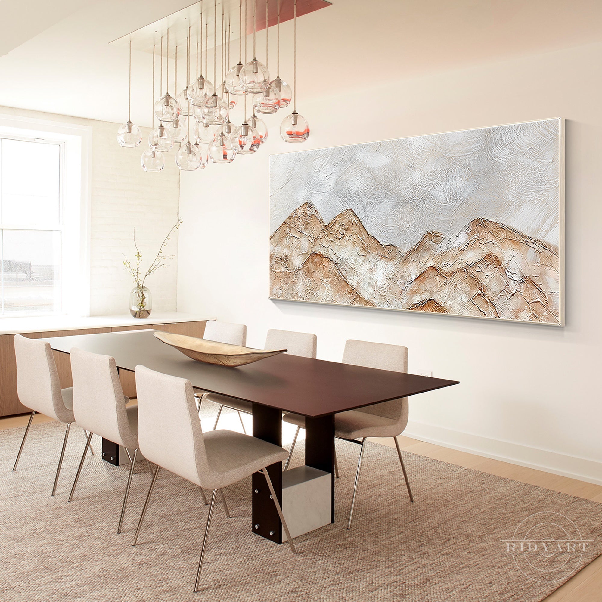Brown gray abstract mountain landscape painting on canvas.
