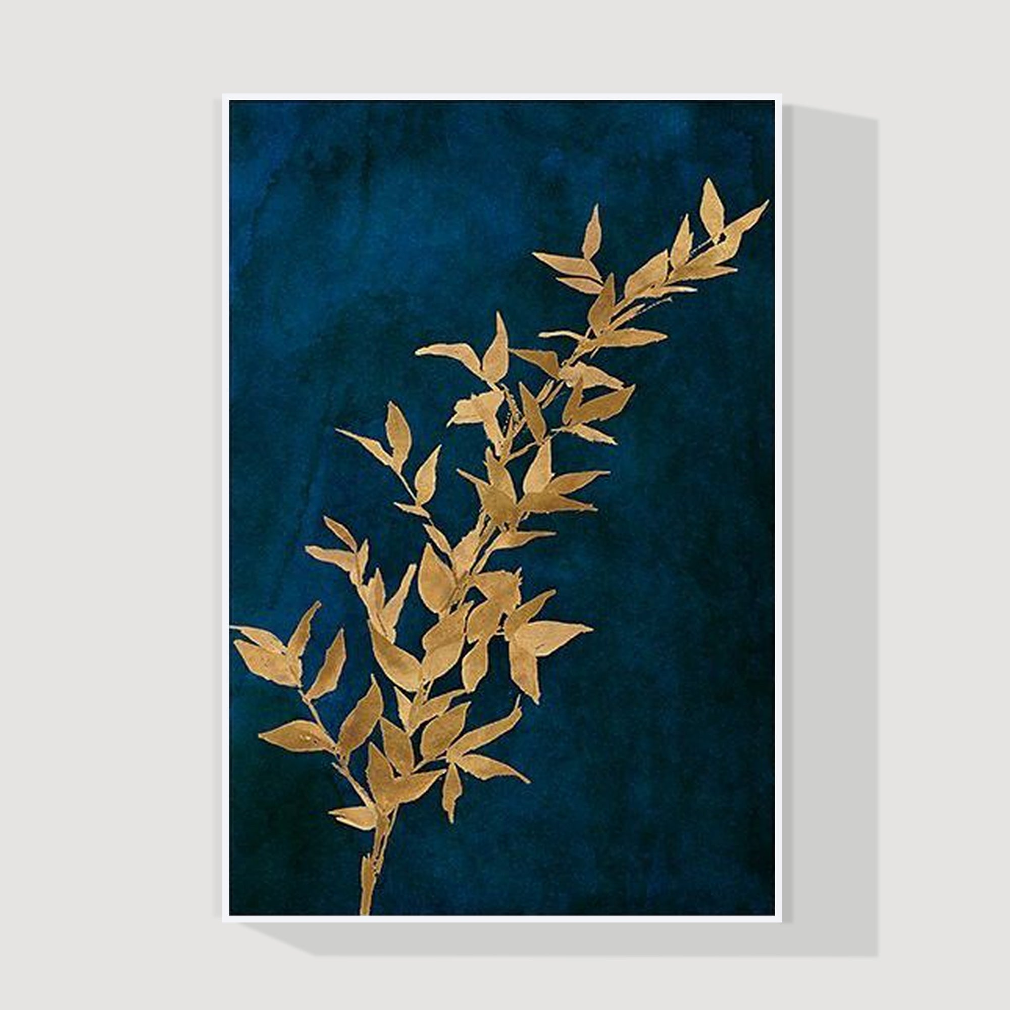 Handcrafted golden leaf abstract painting on blue canvas