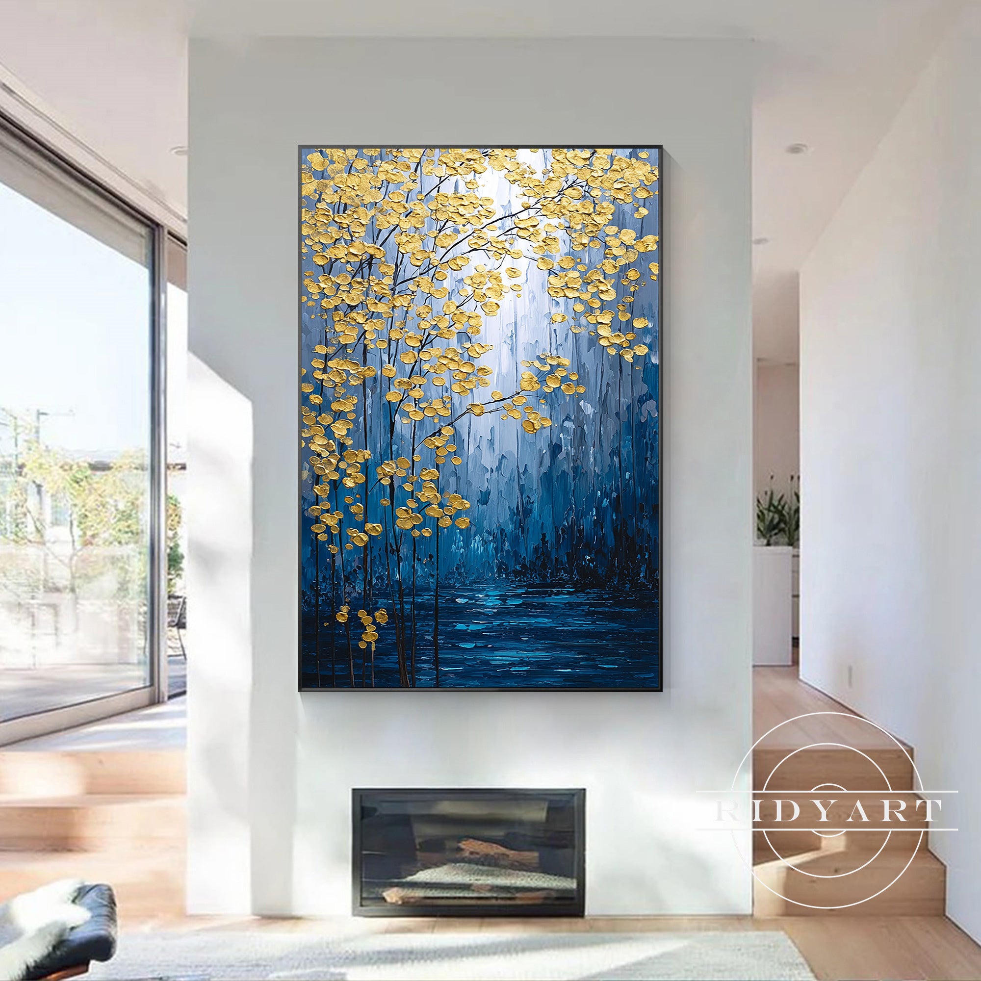 gold navy flower painting for living room

