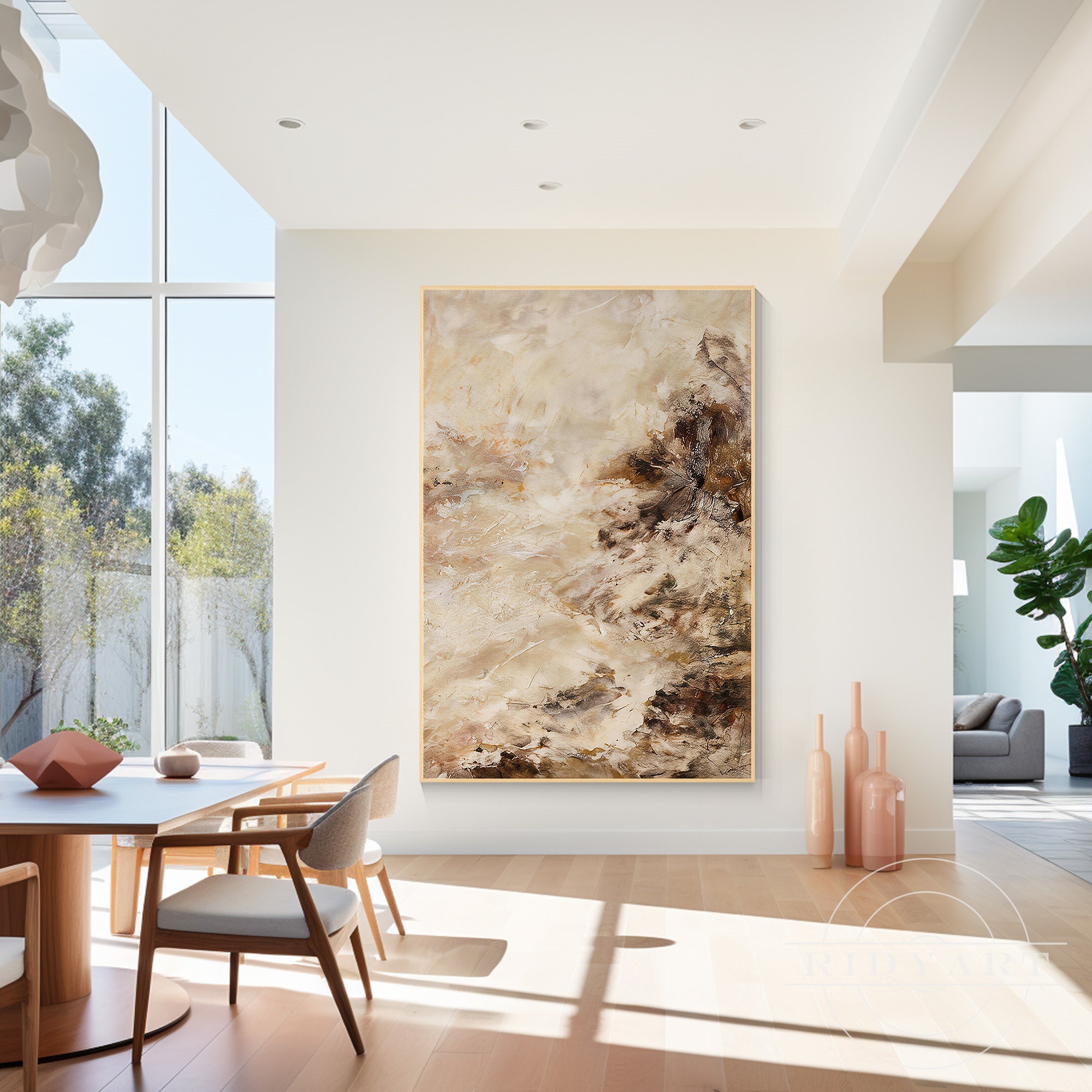Close-up view of dynamic hand-painted heavy impasto strokes in warm ivory and dark earthy bronze.