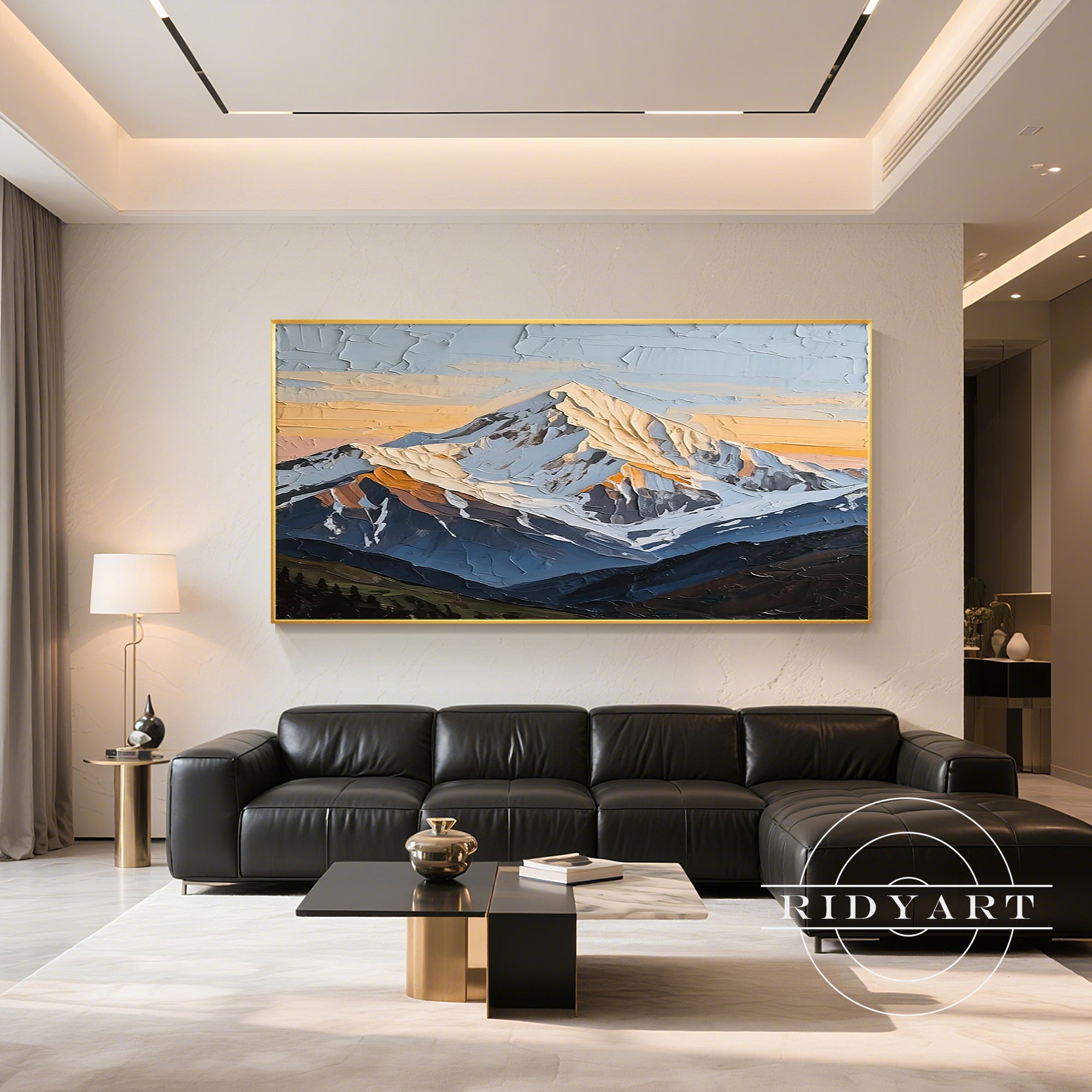 Hand-painted large horizontal wall art sunrise mountain decor