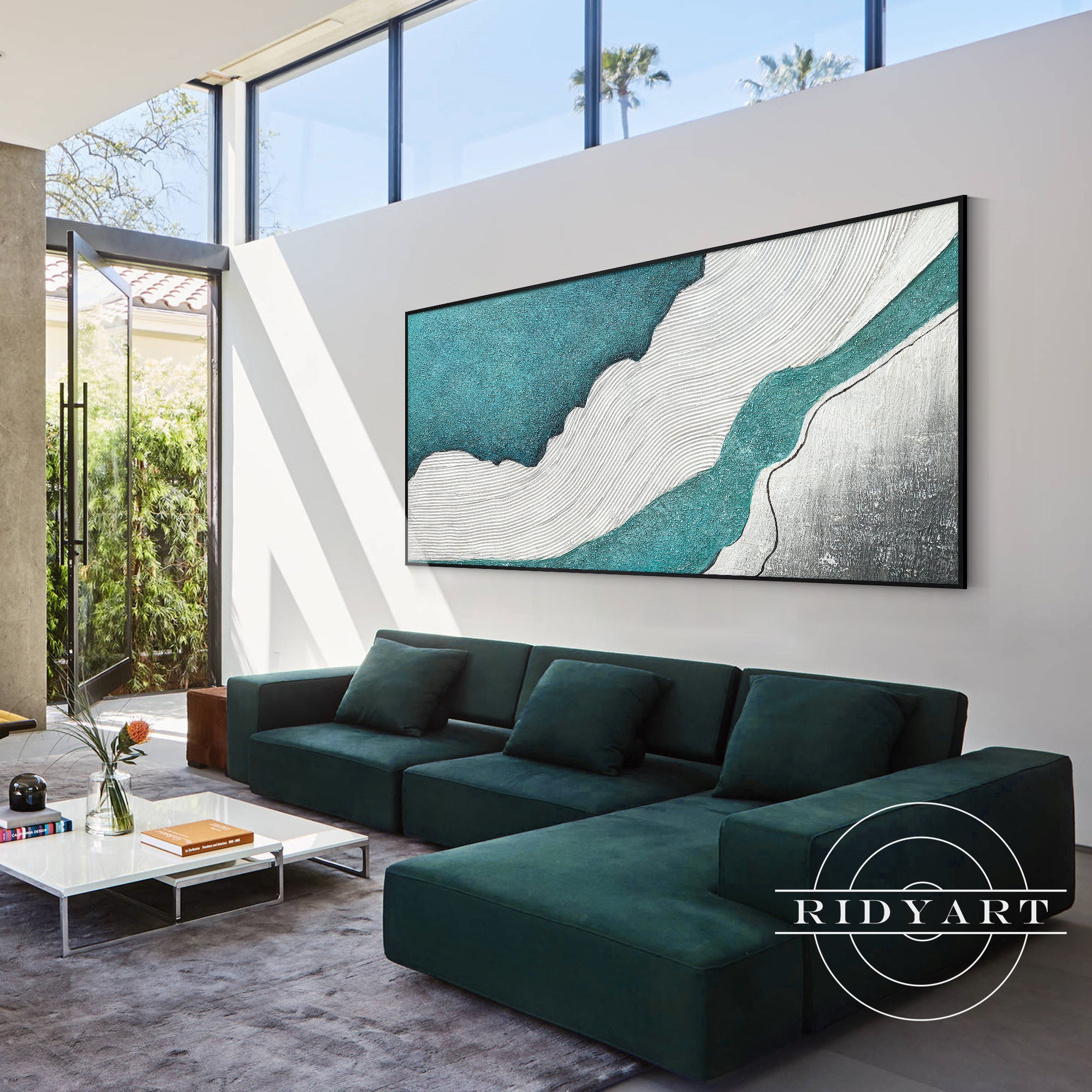 Modern 3D textured seascape with teal and white waves
