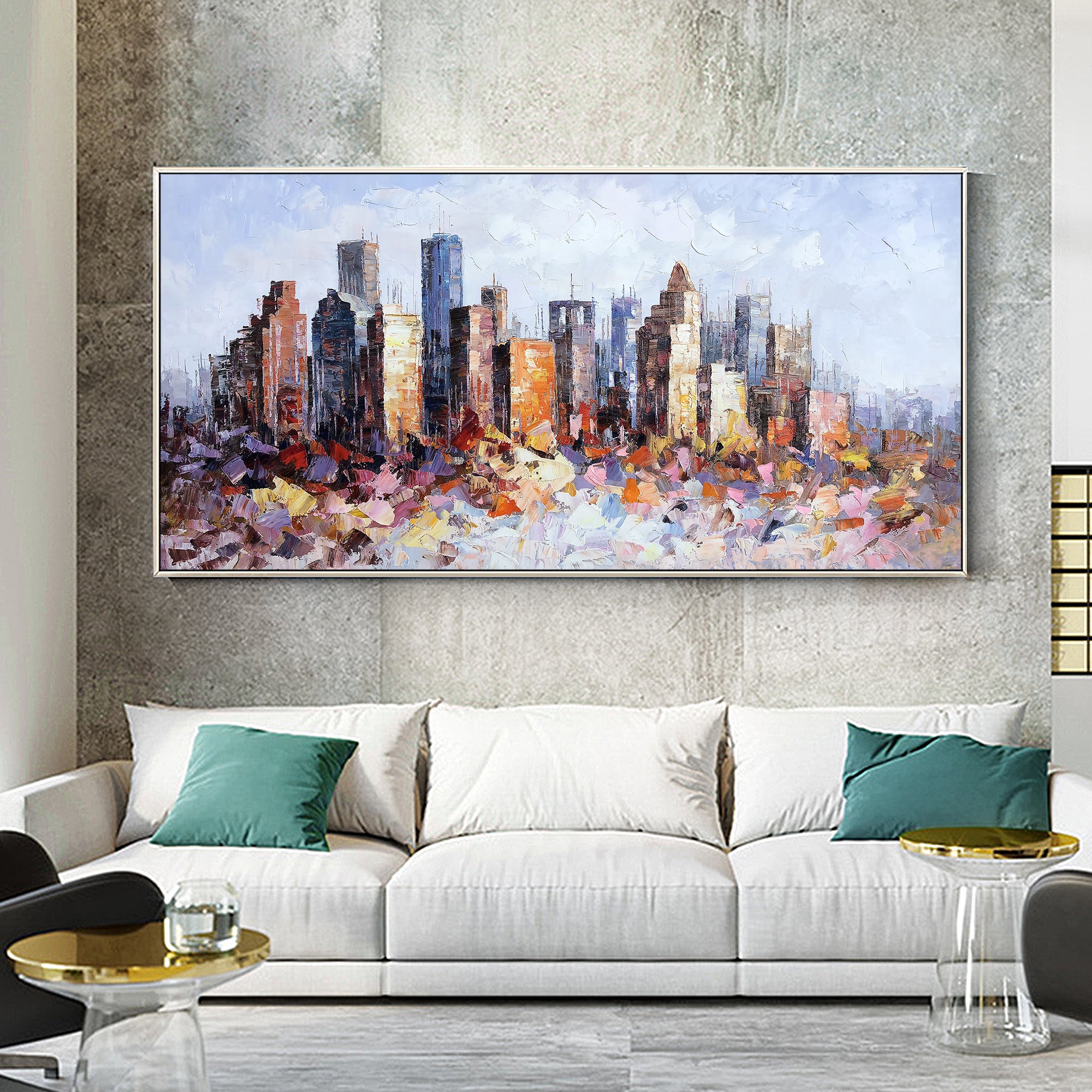 Urban Houston cityscape oil painting with textured wall art design.