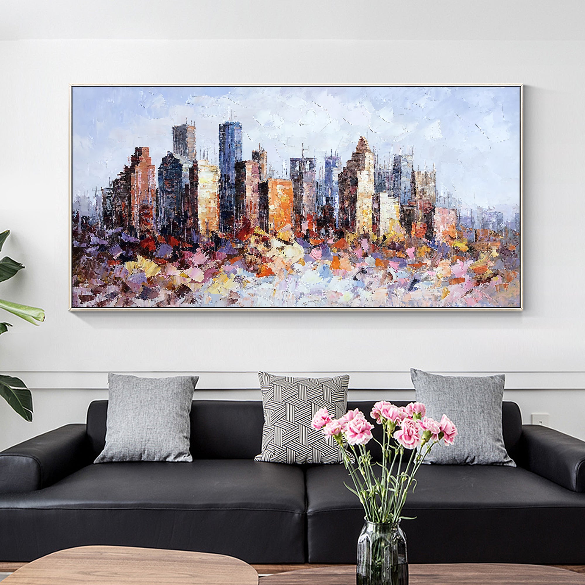 Textured Houston cityscape oil painting in an abstract style