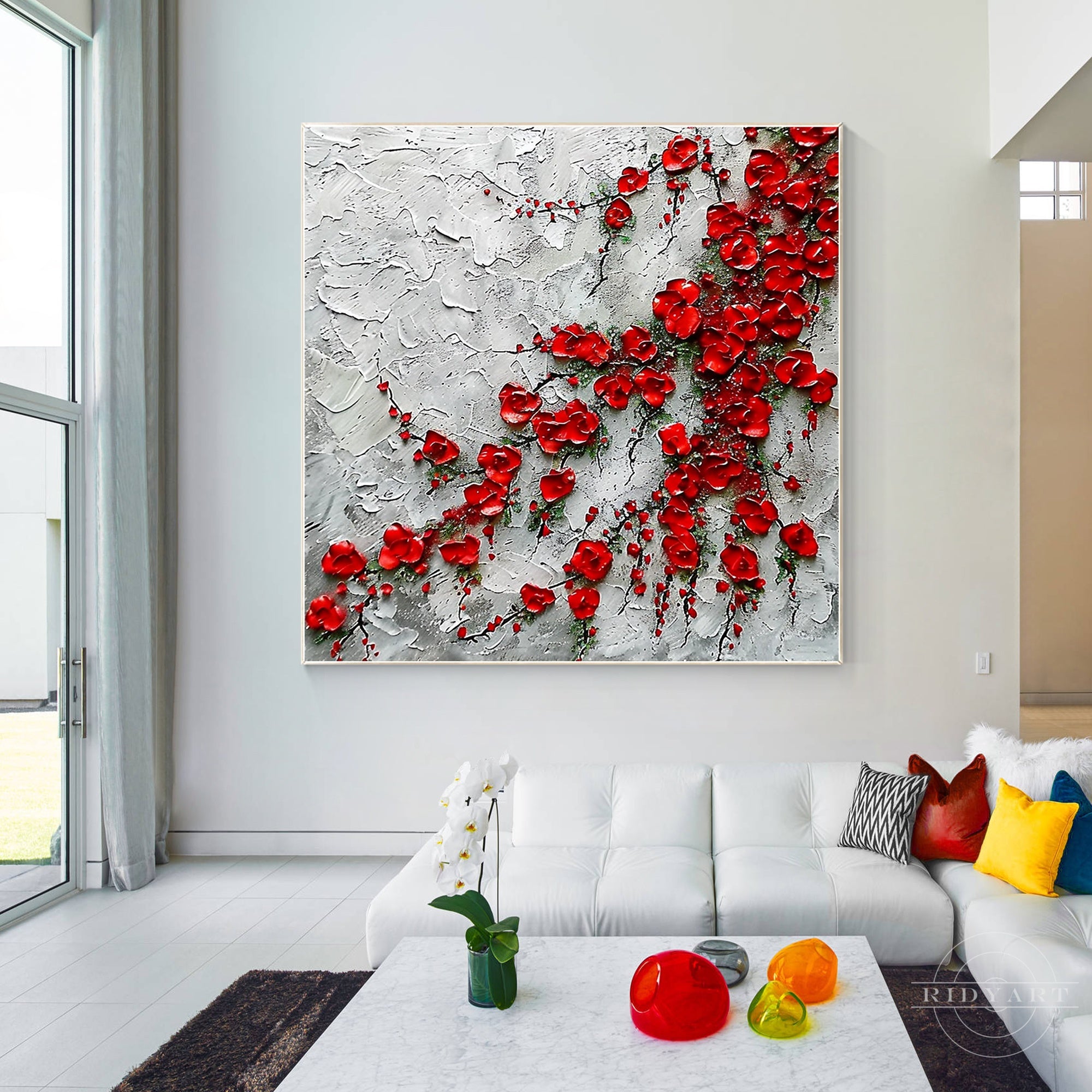 Red wildflowers painting with thick textured brushstrokes.
