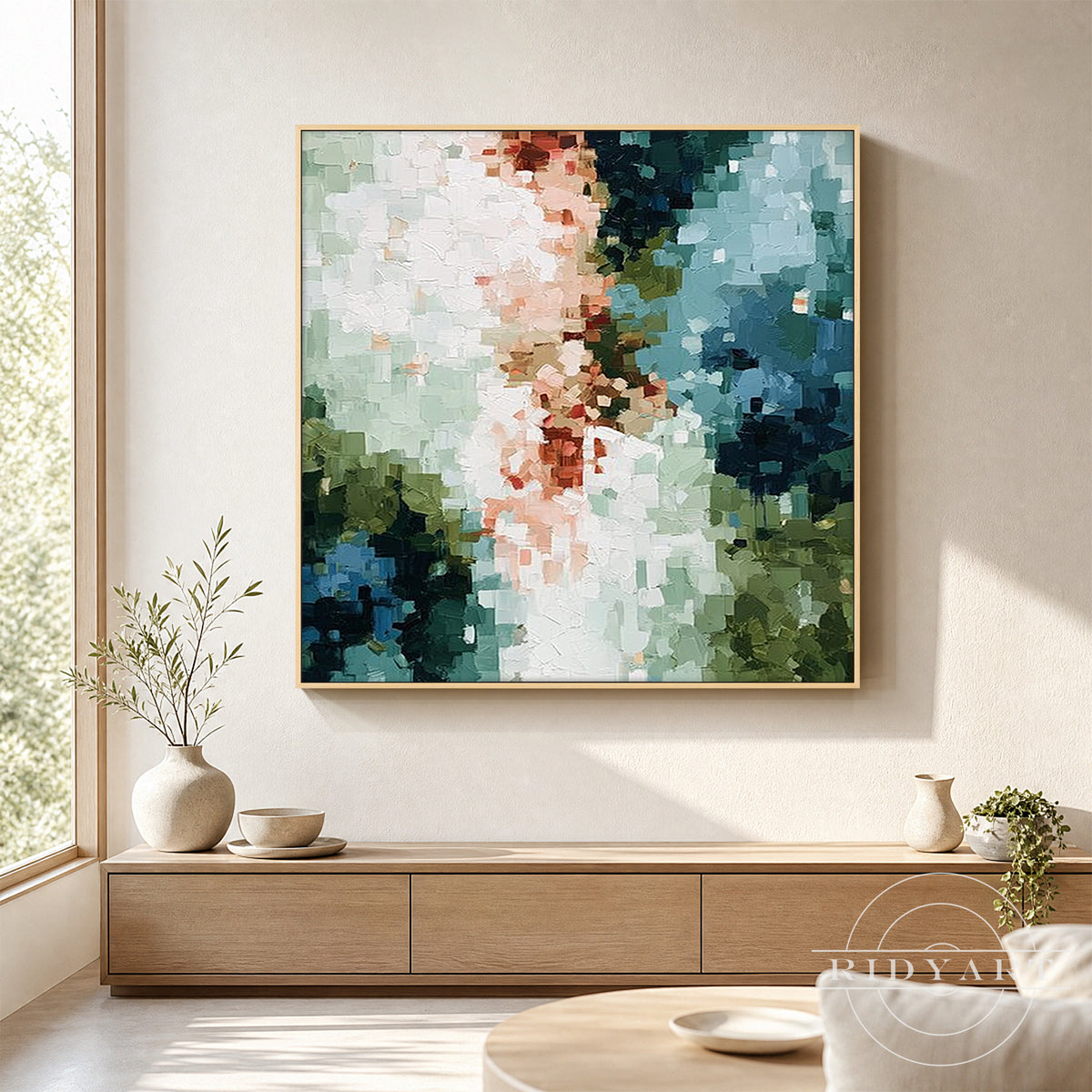 Ivory and teal abstract wall art with layered brushwork hanging above a headboard in a calm bedroom.