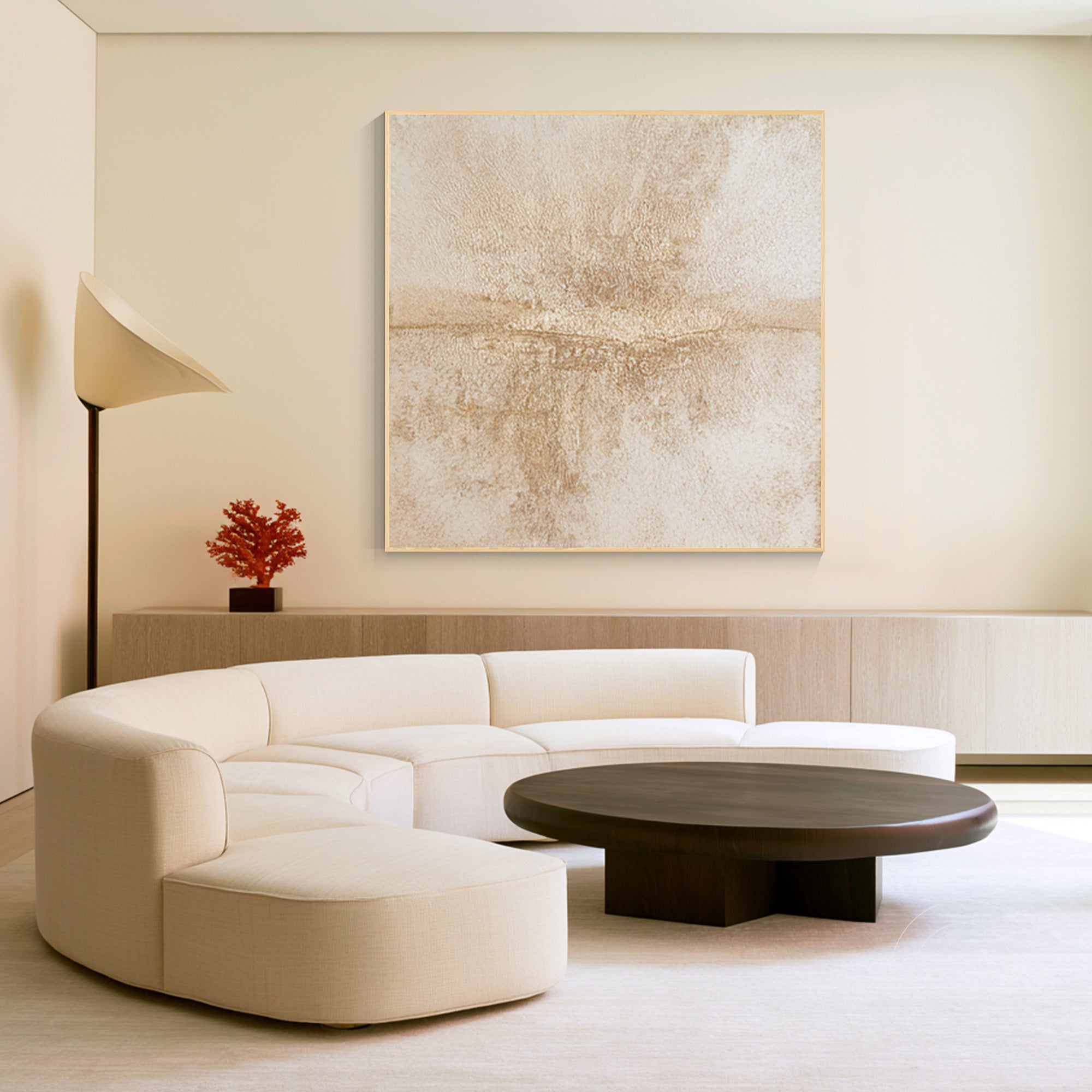 Square Japandi minimalist wall art with rich beige plaster texture in a thin oak frame.