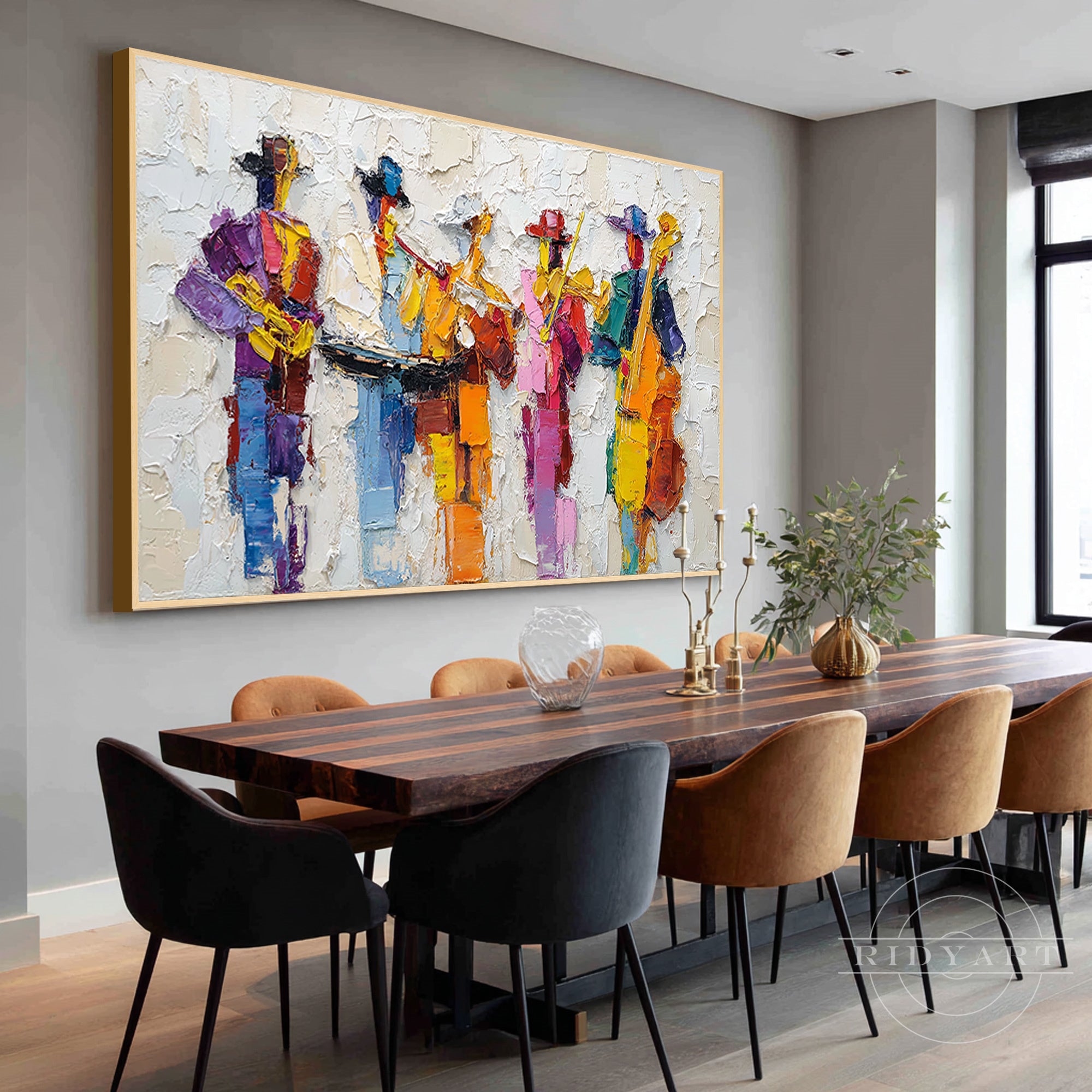 Colorful jazz band abstract painting with textured details