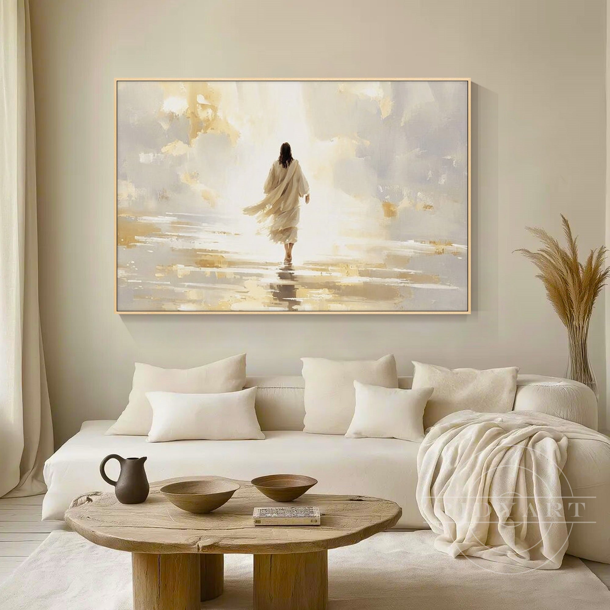 Jesus walking canvas art gold gray Christian religious wall art