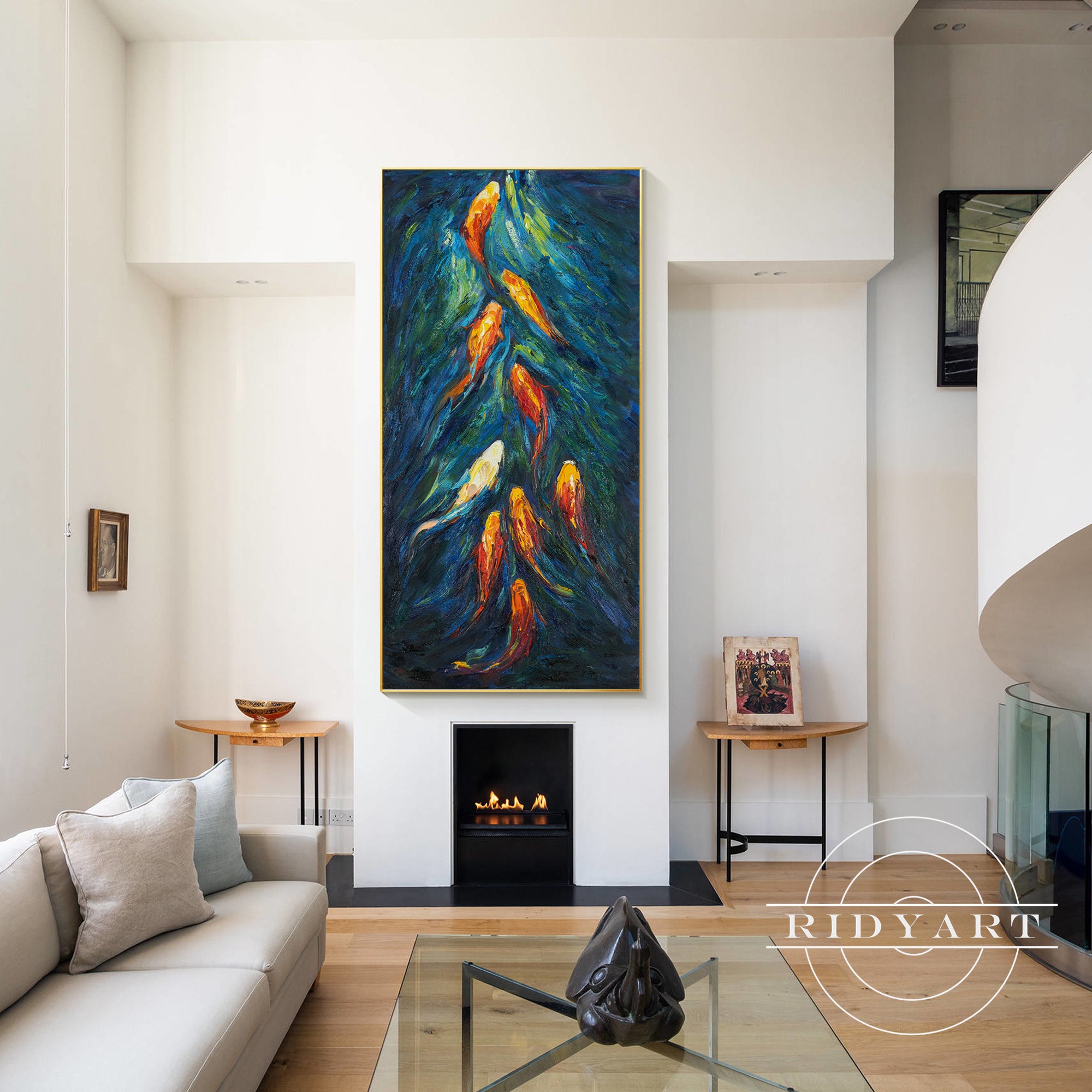 Abstract koi fish painting with vibrant orange and blue hues.