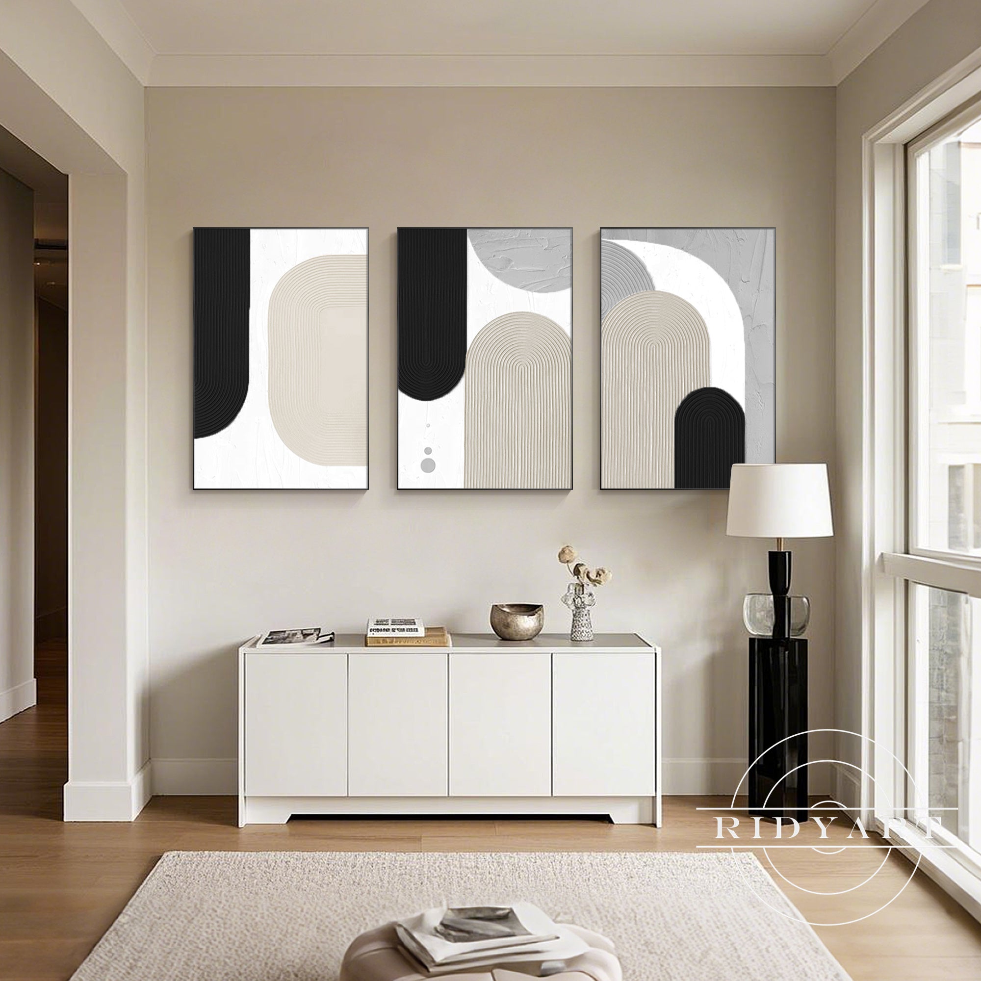 Abstract geometric canvas paintings in gray and black