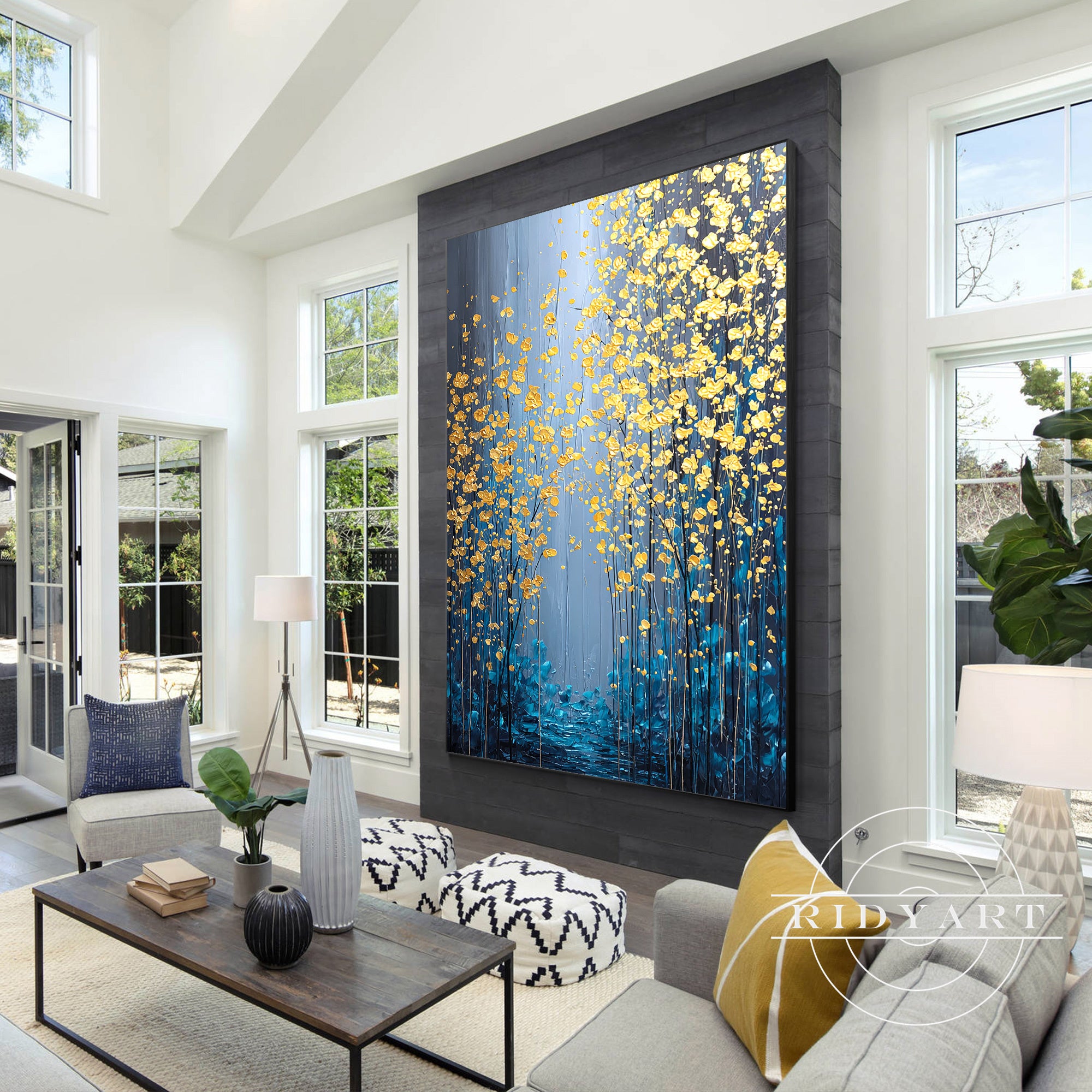 large abstract blue and gold flower painting