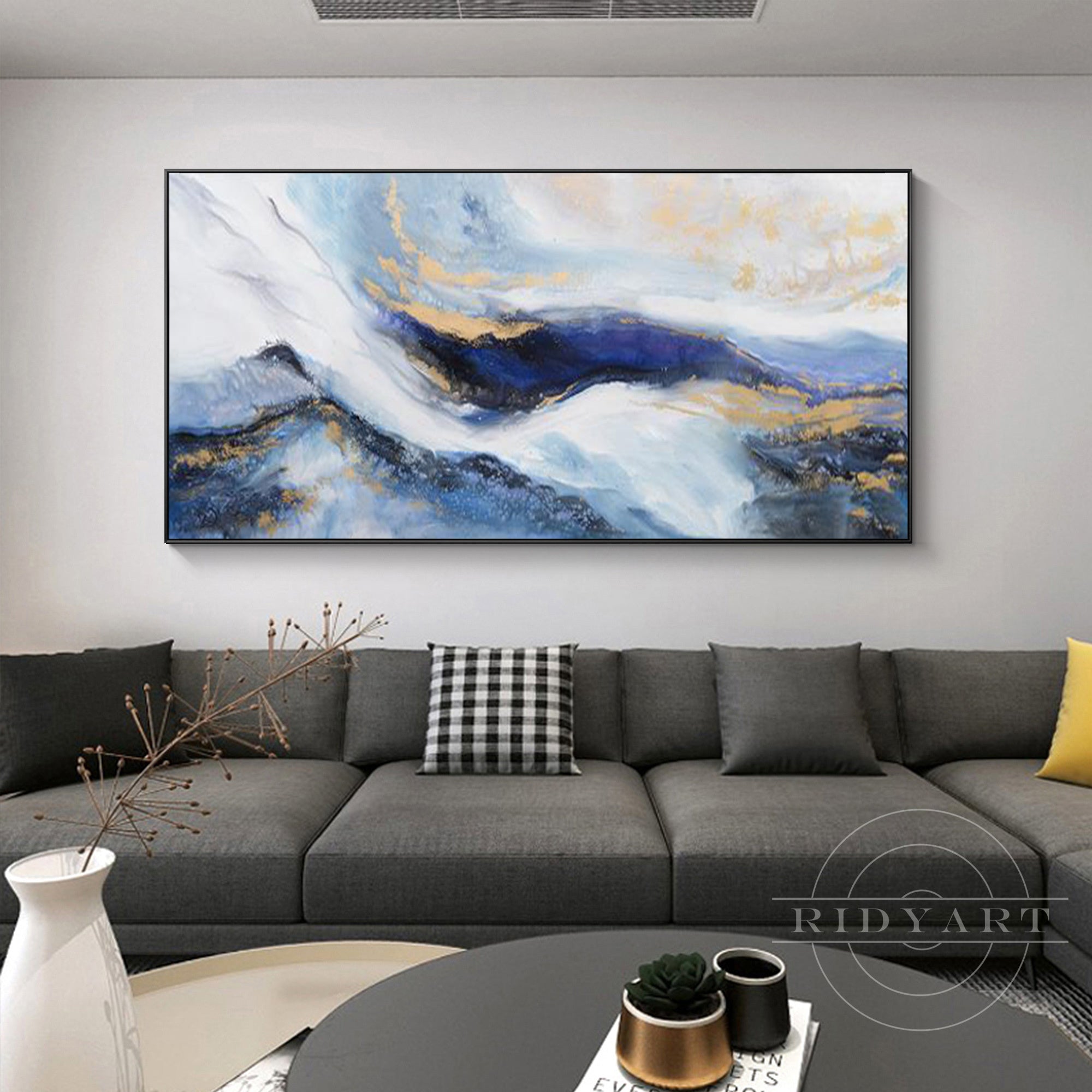 Large-scale abstract landscape painting for home decor.