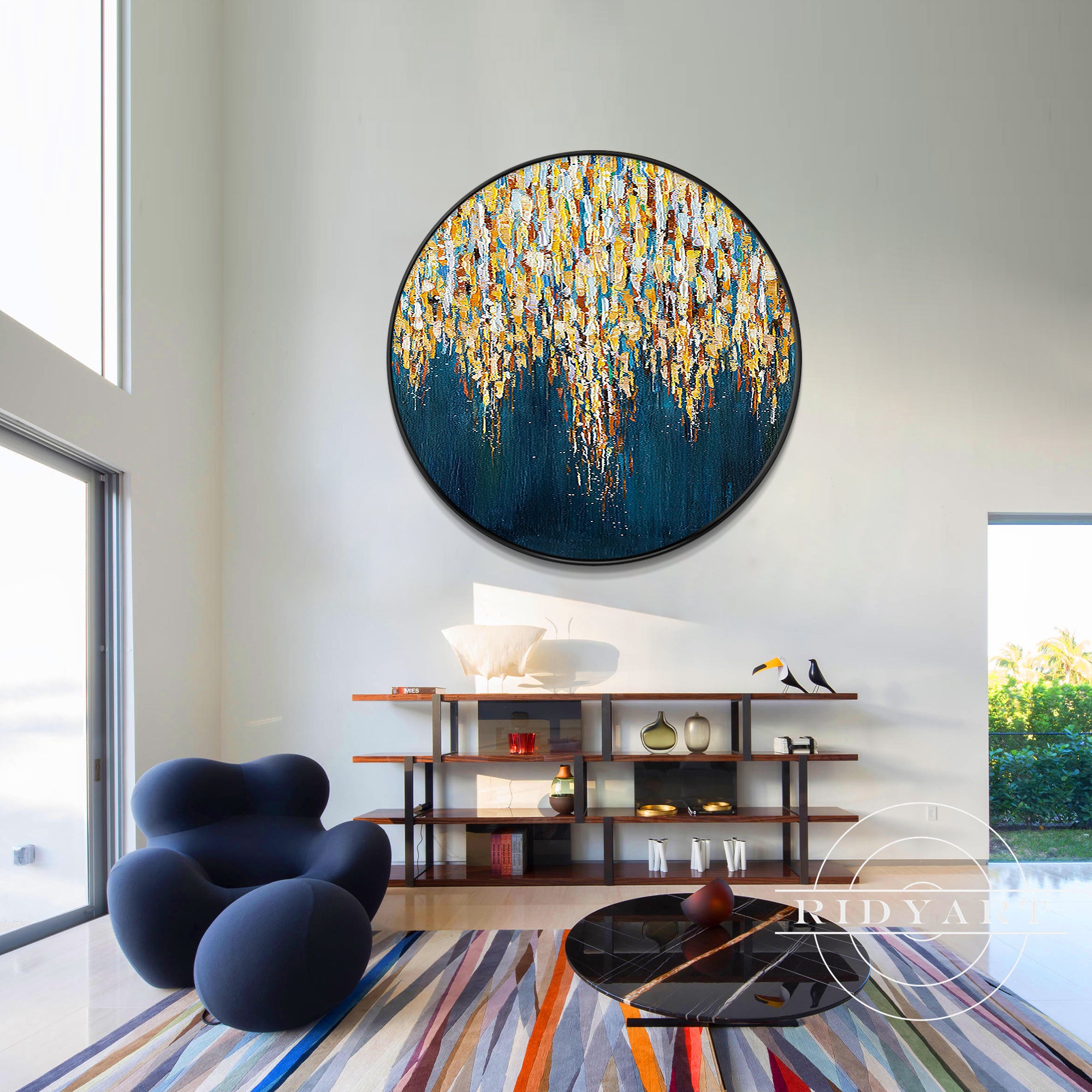 Modern circular canvas painting in navy blue and metallic gold
