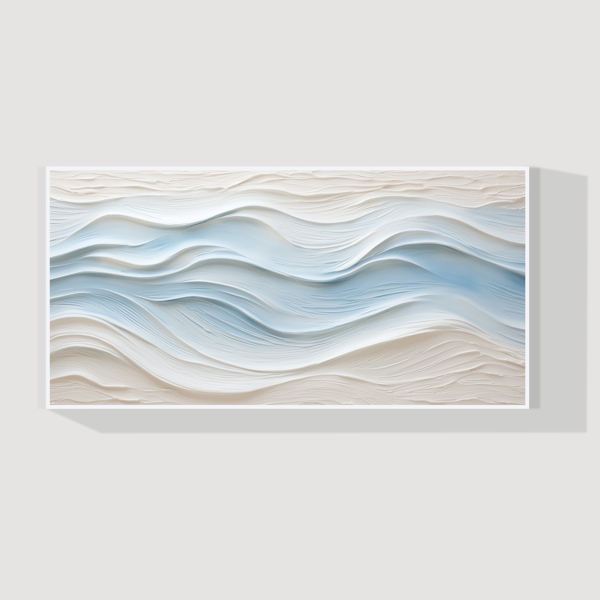 Large abstract wave painting in neutral beige and blue