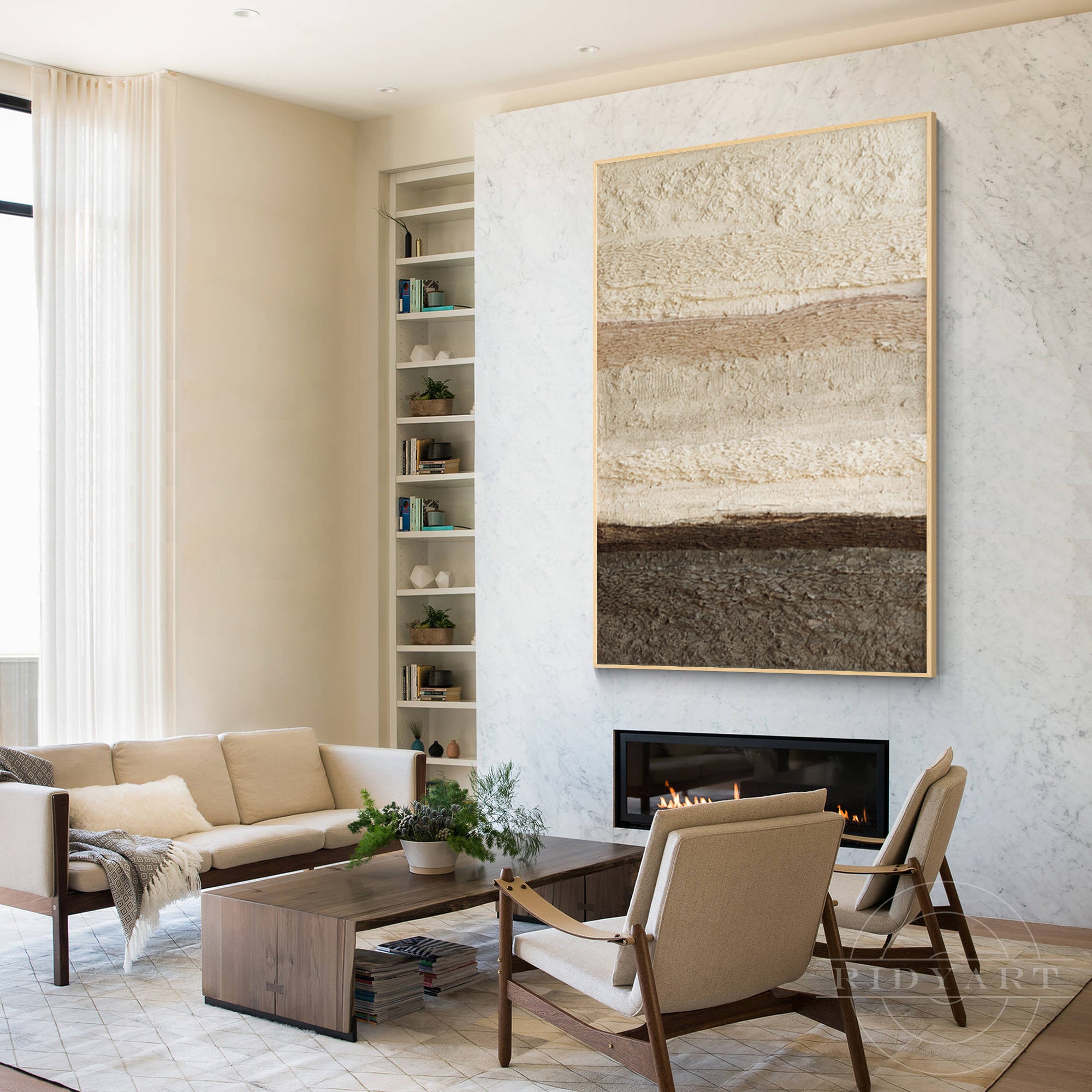 Oversized neutral abstract textured painting offering a tranquil and sophisticated aesthetic for modern home decor.