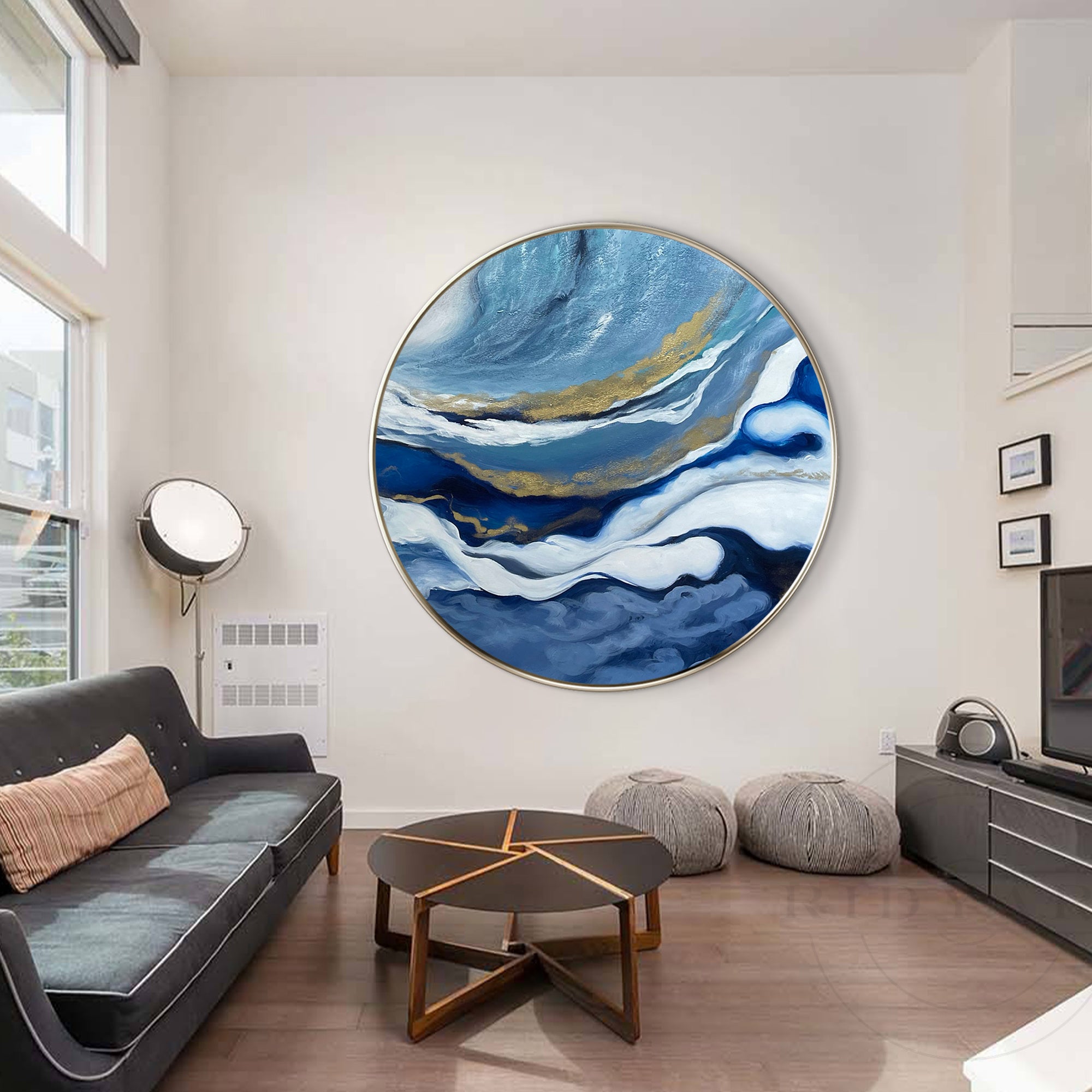 Large blue ocean painting with gold details for home decoration