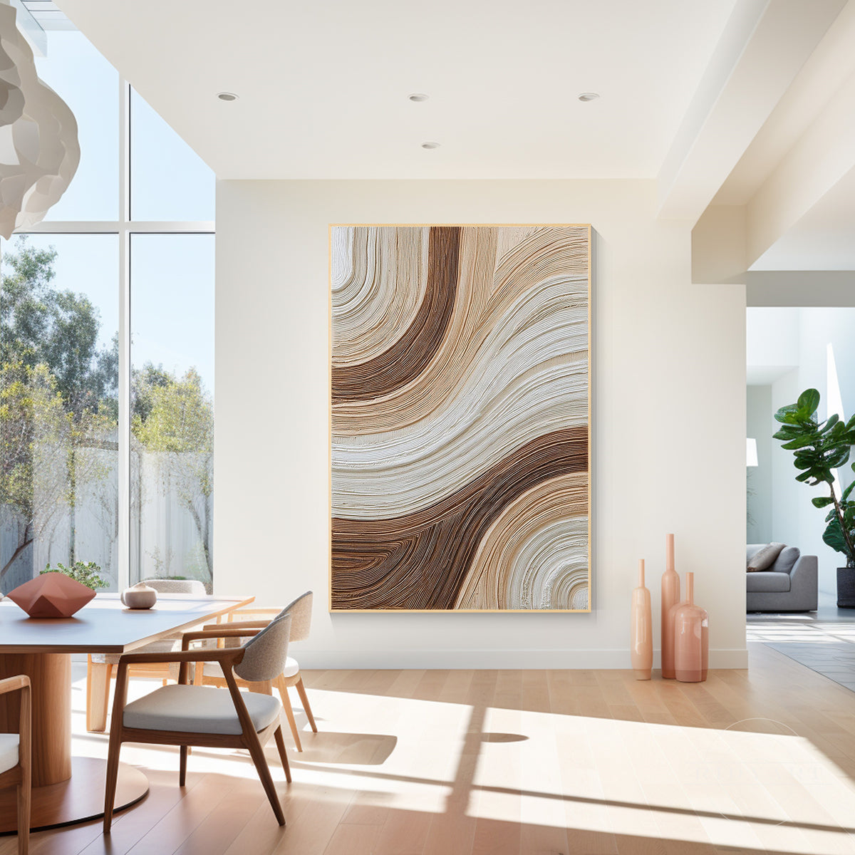 Modern brown and cream abstract line painting styled as a focal wall decor for living rooms or staircases.