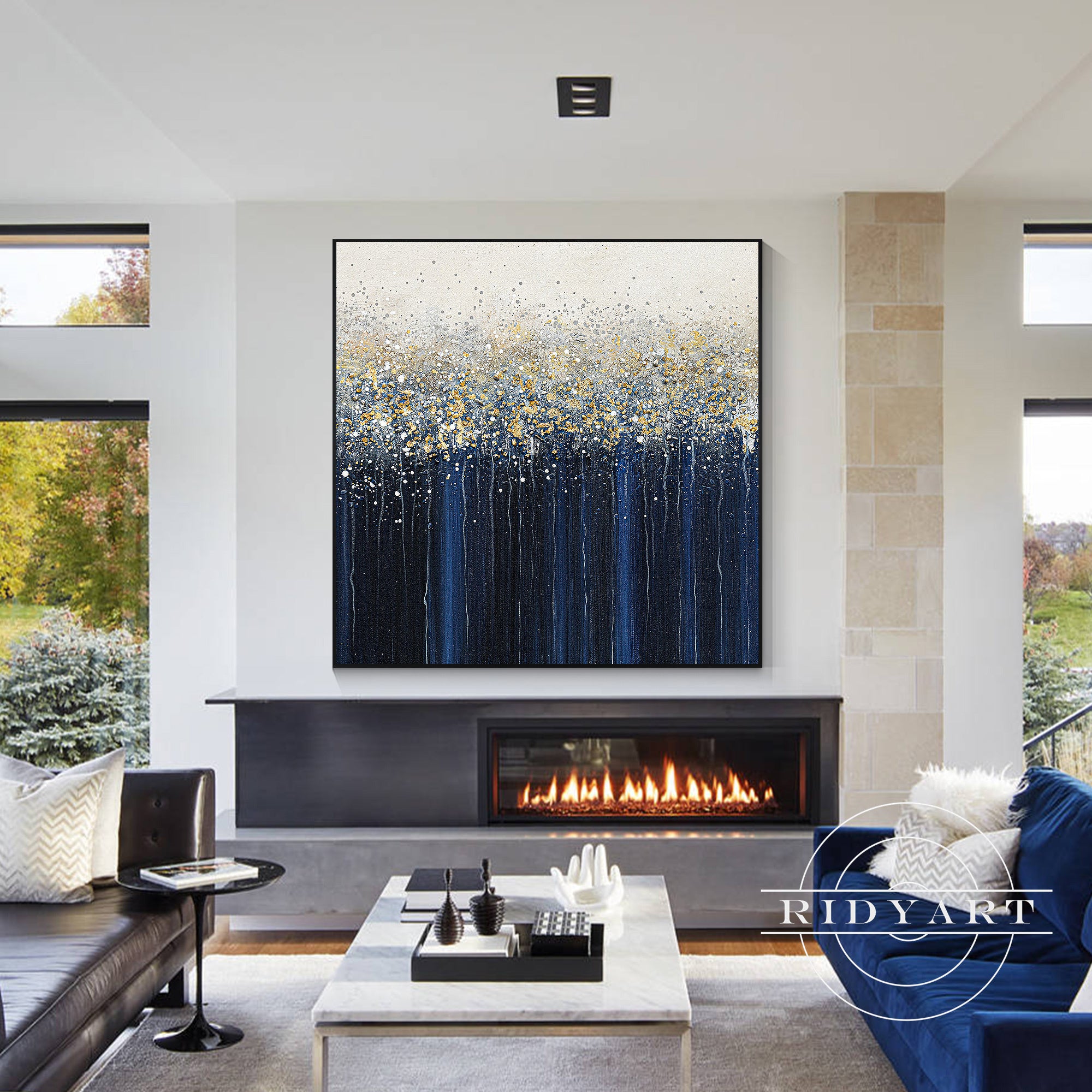 Dark blue and gray large abstract artwork