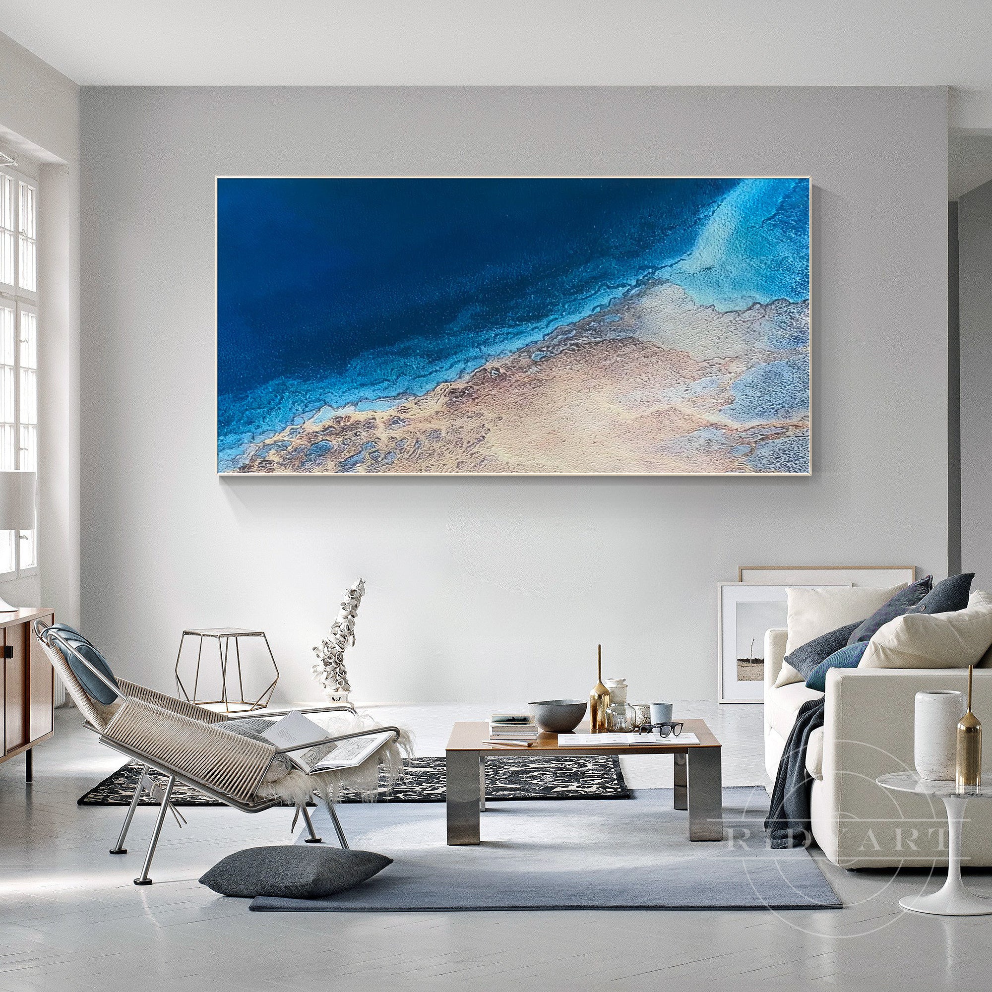 Textured dark blue ocean painting with abstract wave patterns