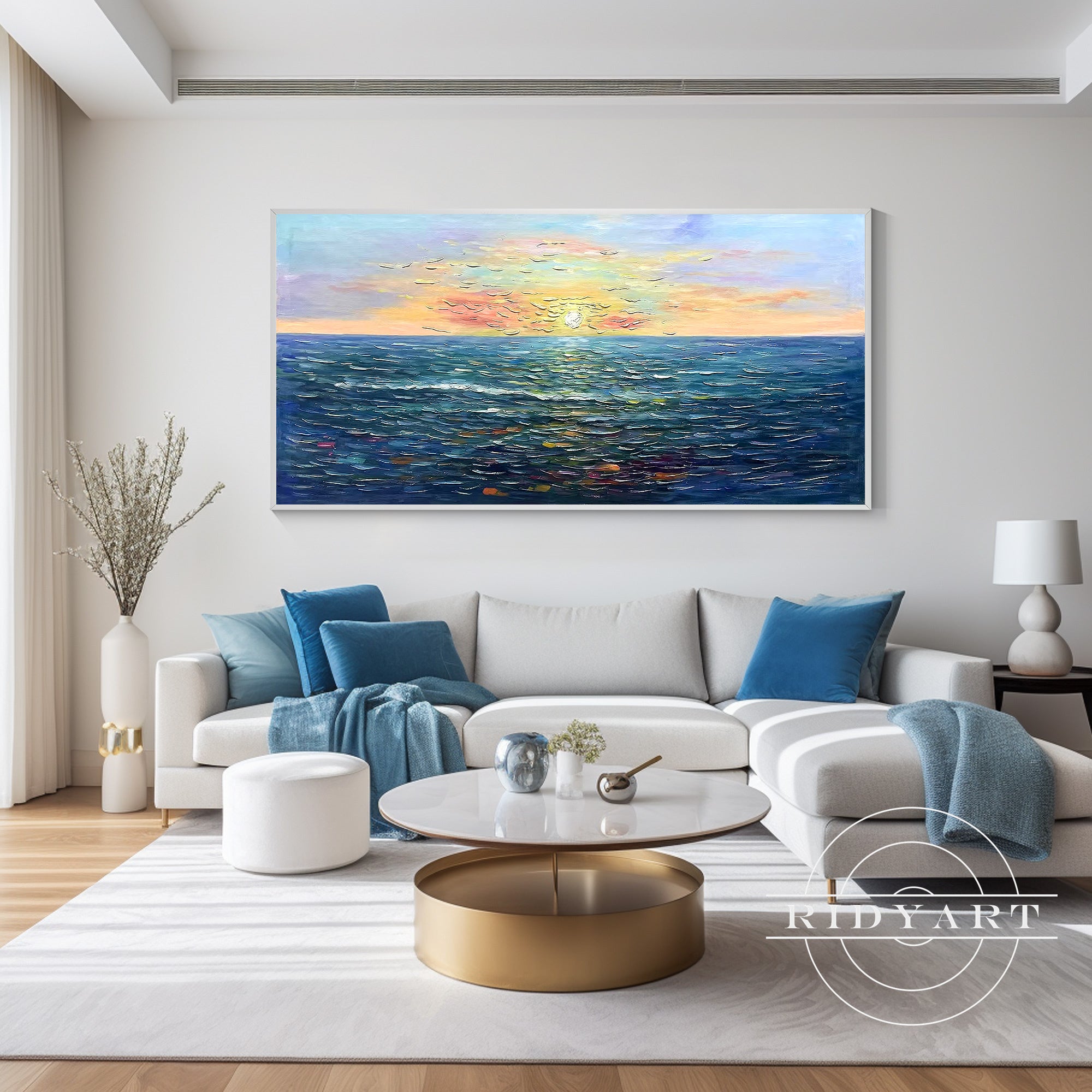 Large framed seascape artwork for coastal home décor