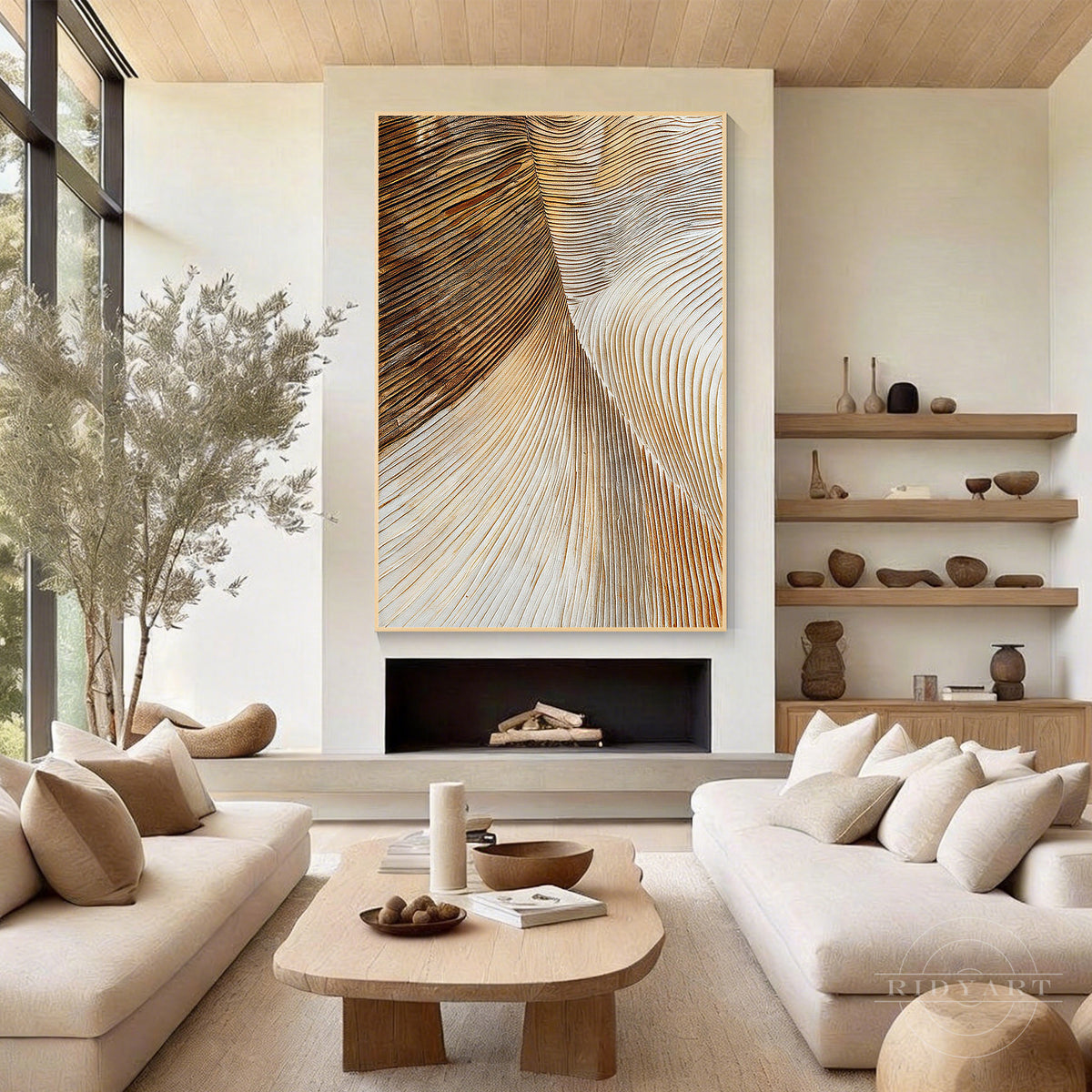 Vertical framed gold abstract textured painting displayed as a focal wall art piece above a sofa or in an entryway.