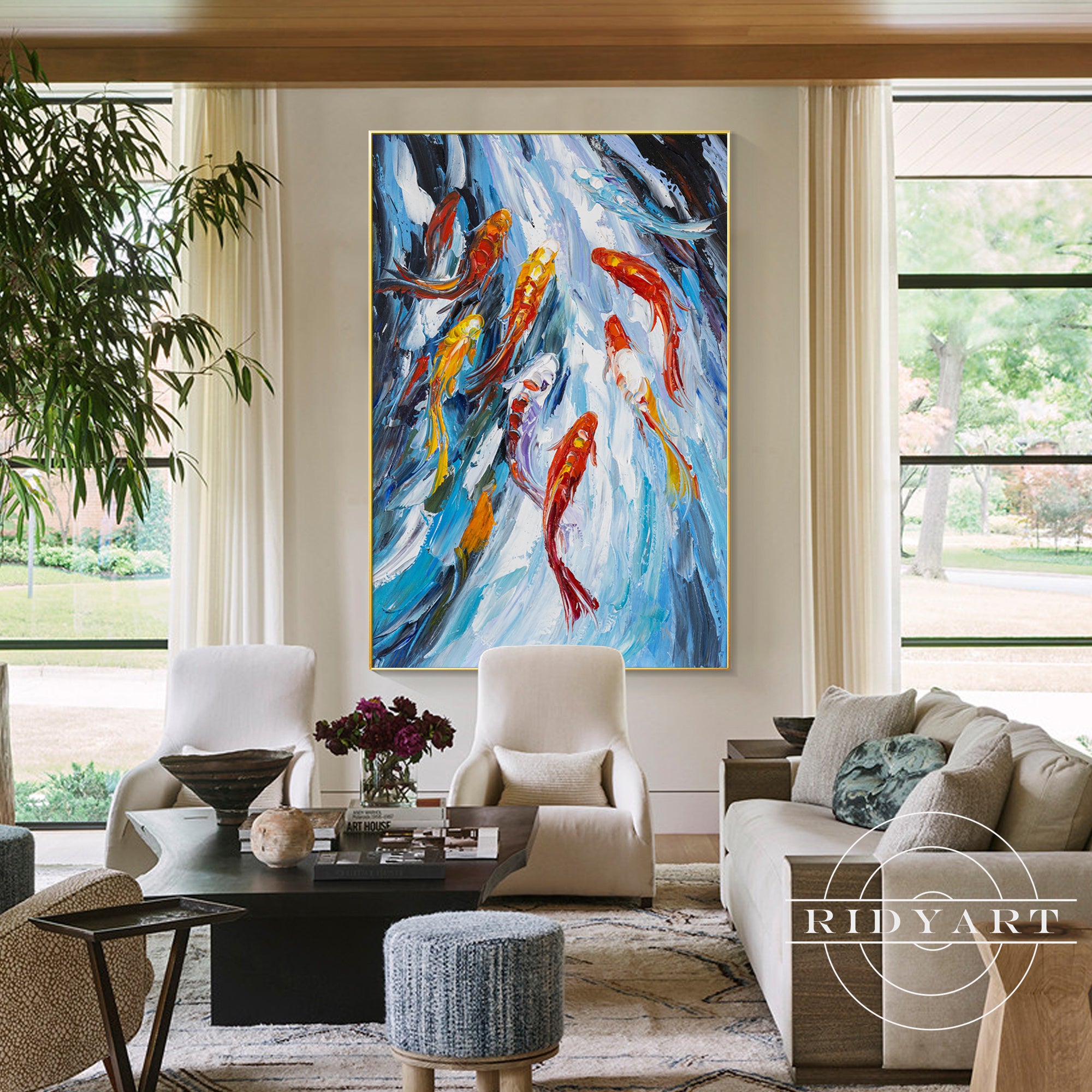 Large textured koi fish painting colorful Feng Shui wall art