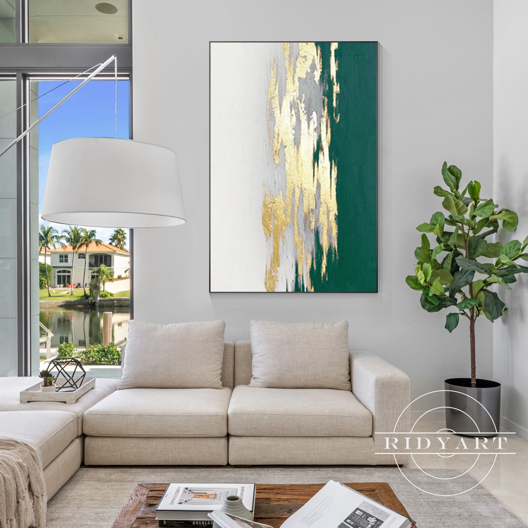 Large green and gold minimalist painting